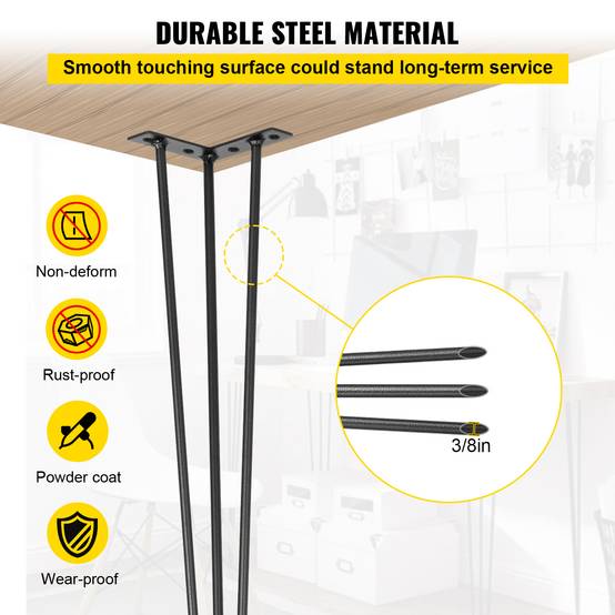 VEVOR Pieds de table épingle à cheveux 4 pcs 66cm. Acier 3 tiges robustes, noirs. Pour créer table basse. - Image 4