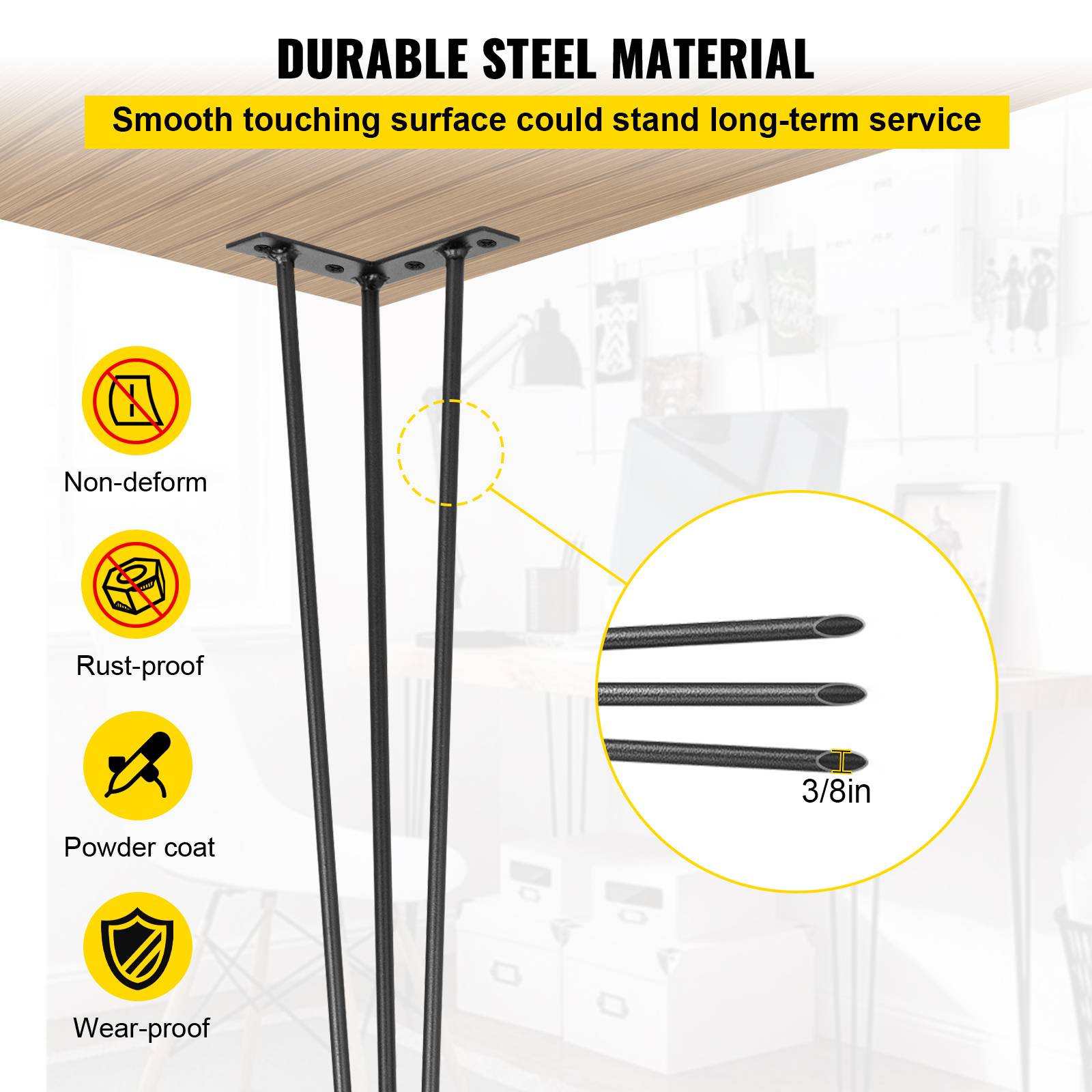 VEVOR Pieds de table épingle à cheveux 4 pcs 66cm. Acier 3 tiges robustes, noirs. Pour créer table basse. - Image 4