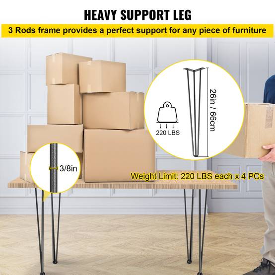 VEVOR Pieds de table épingle à cheveux 4 pcs 66cm. Acier 3 tiges robustes, noirs. Pour créer table basse. - Image 3