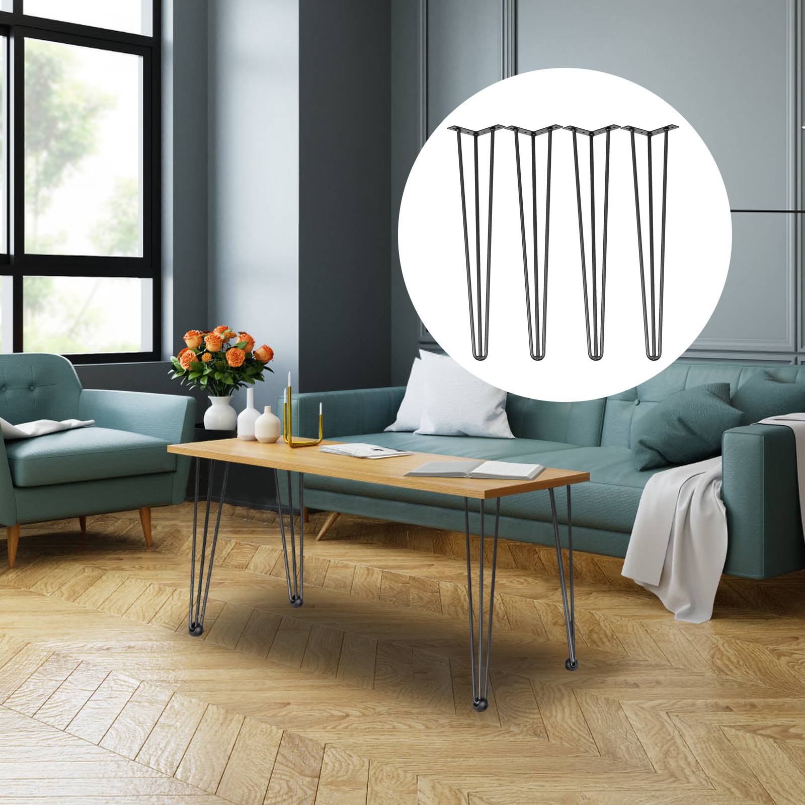 VEVOR Pieds de table épingle à cheveux 4 pcs 66cm. Acier 3 tiges robustes, noirs. Pour créer table basse. - Image 8