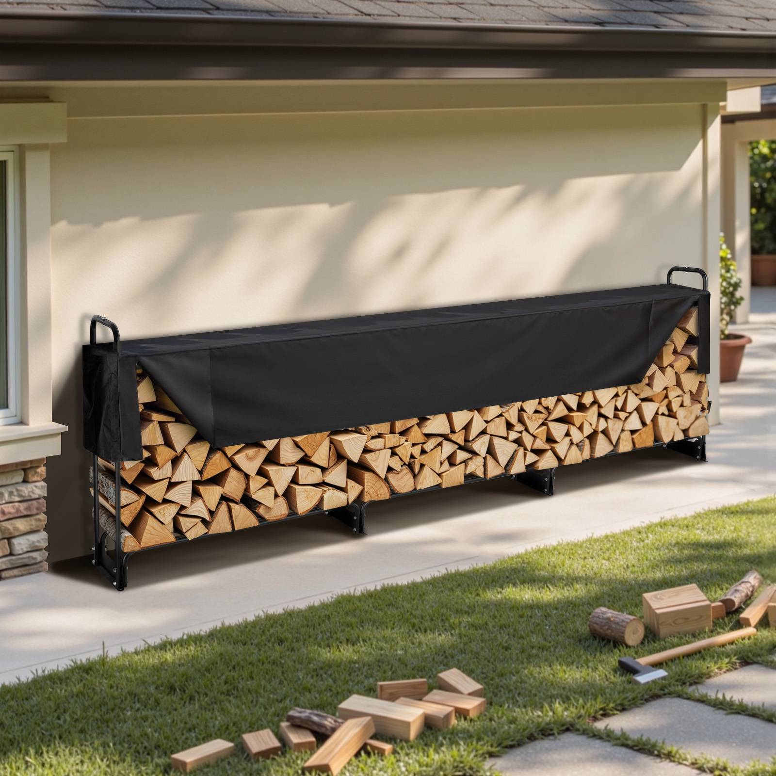 VEVOR Range-Bûches Extérieur 386x36x117 cm, Abri Bois avec Couverture Imperméable 600D Oxford. - Image 8