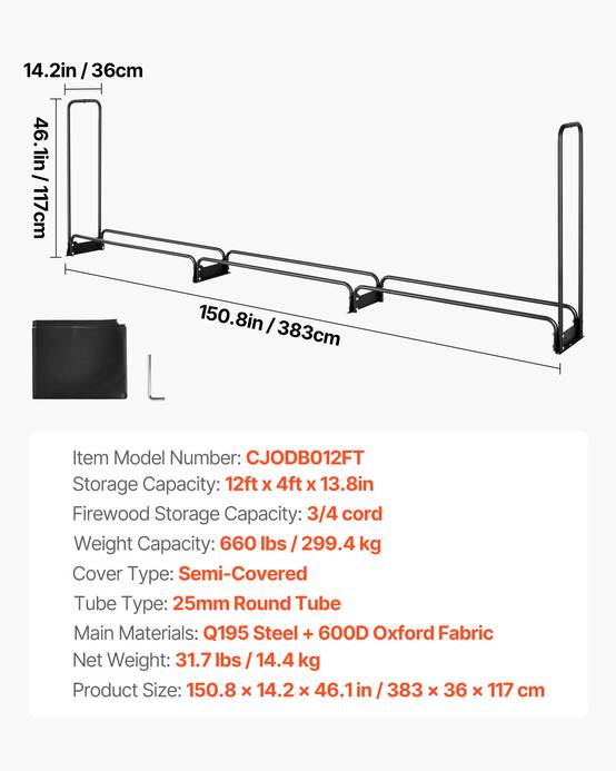 VEVOR Range-Bûches Extérieur 386x36x117 cm, Abri Bois avec Couverture Imperméable 600D Oxford. - Image 7