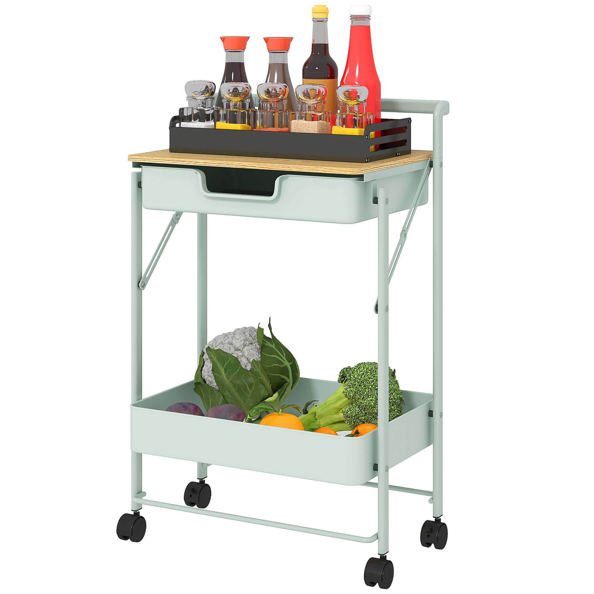 Chariot de rangement à 2 niveaux avec tiroir, plateau et panier métallique, desserte mobile vert clair pour cuisine salle de bain bureau moderne - Image 2