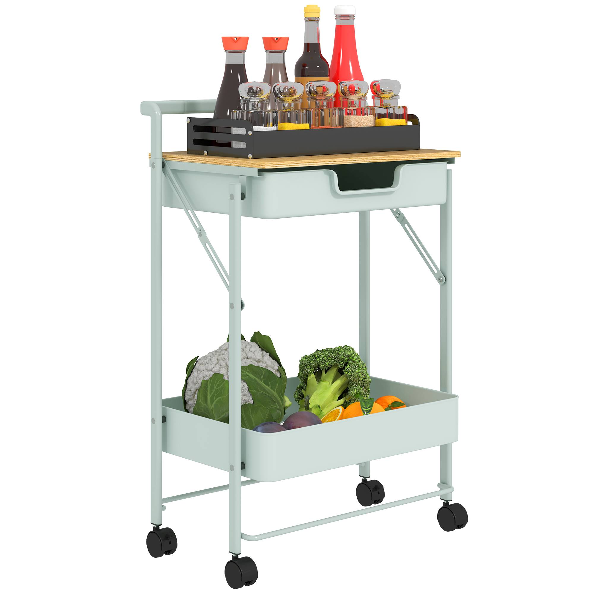 Chariot de rangement à 2 niveaux avec tiroir, plateau et panier métallique, desserte mobile vert clair pour cuisine salle de bain bureau moderne - Image 1