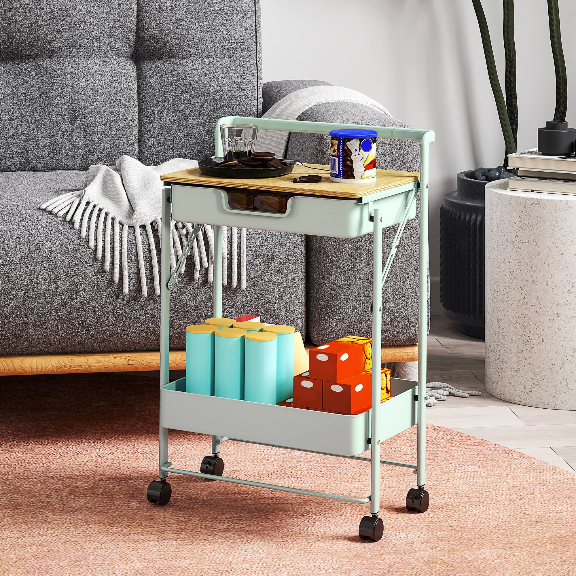 Chariot de rangement à 2 niveaux avec tiroir, plateau et panier métallique, desserte mobile vert clair pour cuisine salle de bain bureau moderne - Image 4