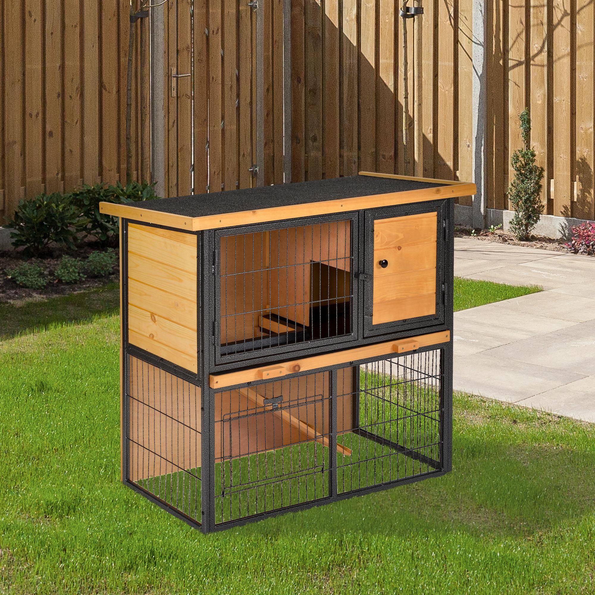 Cage lapins 2 étages bois, 89,5 x 45 x 81 cm, toit bitume, enclos, rampe, porte verrouillable, extérieur, jaune clair - Image 4