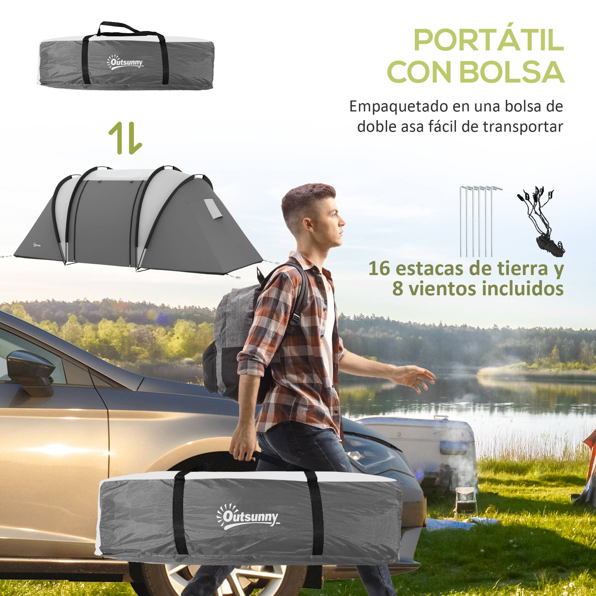 ComfortXL - Tente familiale 4-5 personnes polyester 3000 mm camping 2 chambres 450 x 220 x 180 cm gris - ComfortXL Outdoor Living - Image 9