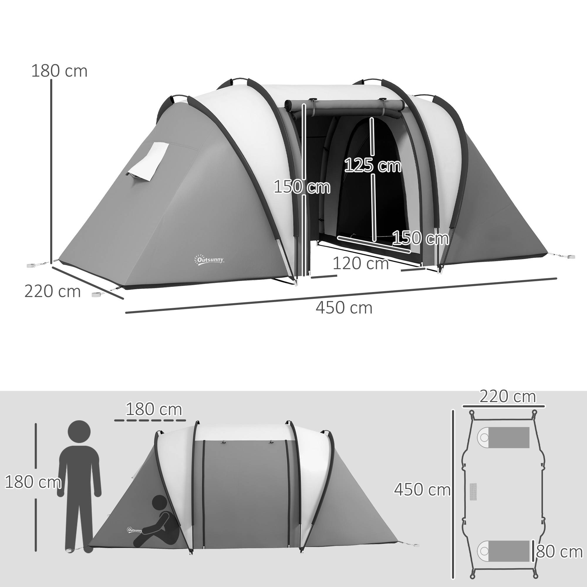 ComfortXL - Tente familiale 4-5 personnes polyester 3000 mm camping 2 chambres 450 x 220 x 180 cm gris - ComfortXL Outdoor Living - Image 5