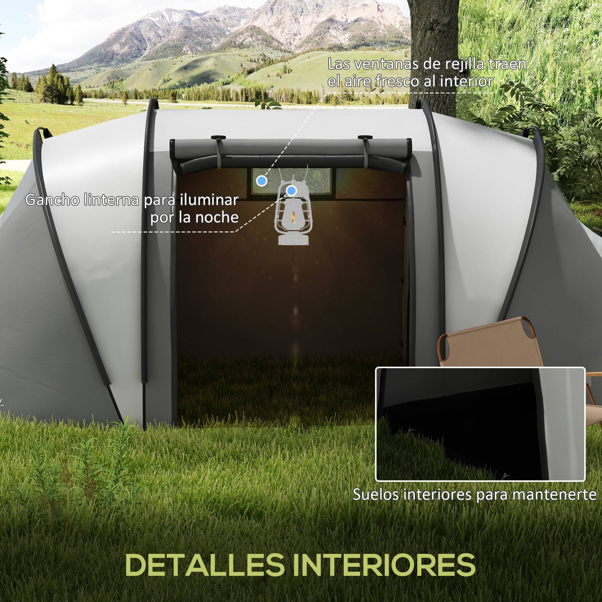 ComfortXL - Tente familiale 4-5 personnes polyester 3000 mm camping 2 chambres 450 x 220 x 180 cm gris - ComfortXL Outdoor Living - Image 8