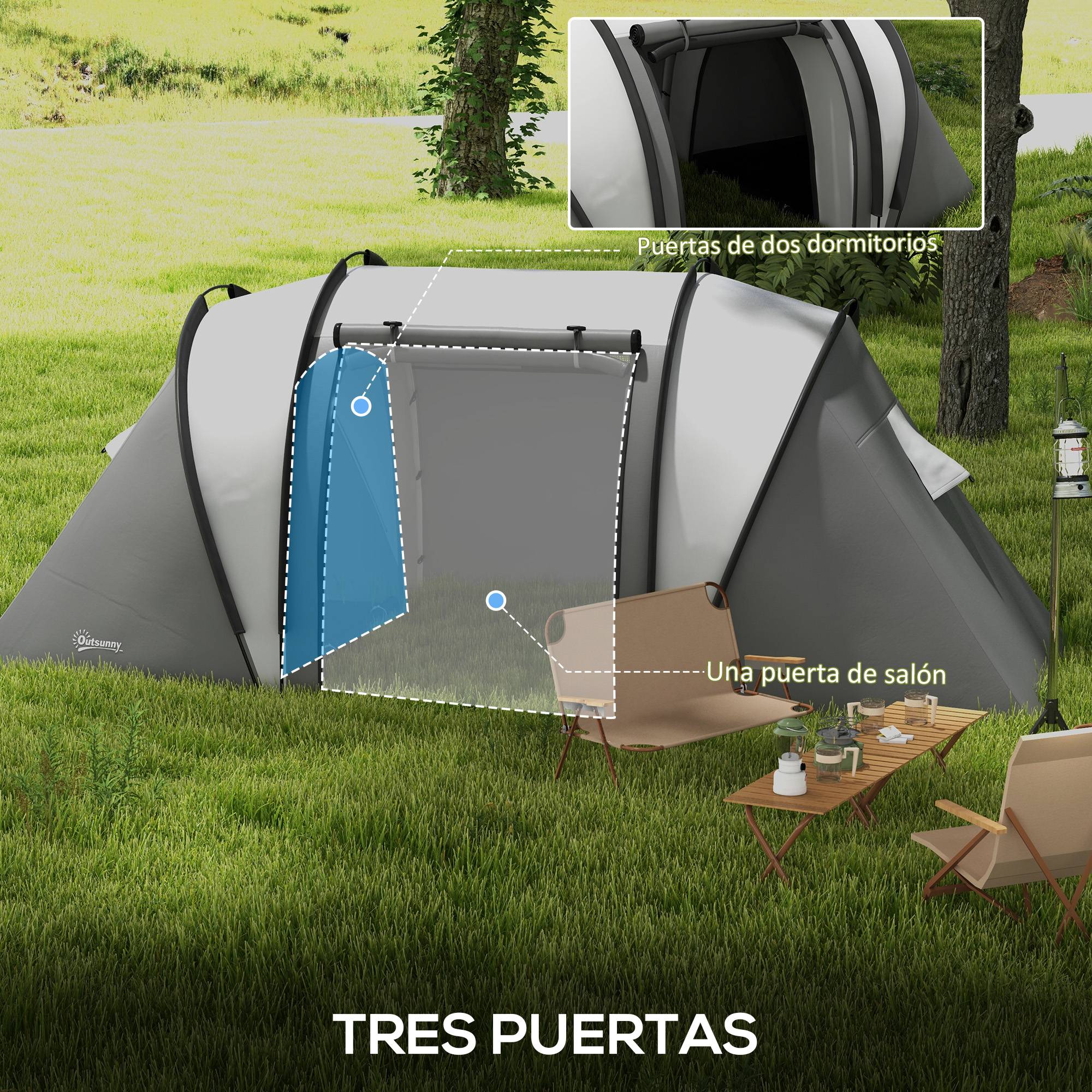 ComfortXL - Tente familiale 4-5 personnes polyester 3000 mm camping 2 chambres 450 x 220 x 180 cm gris - ComfortXL Outdoor Living - Image 7