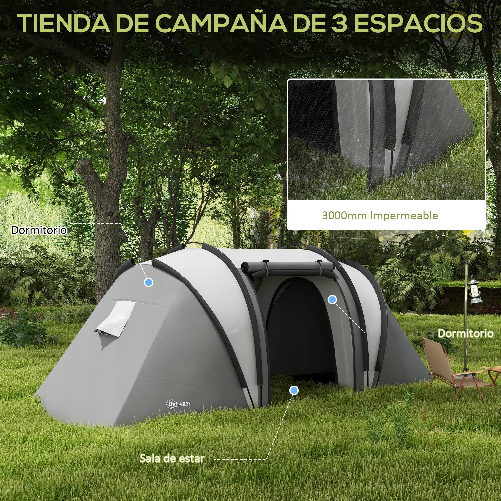 ComfortXL - Tente familiale 4-5 personnes polyester 3000 mm camping 2 chambres 450 x 220 x 180 cm gris - ComfortXL Outdoor Living - Image 6