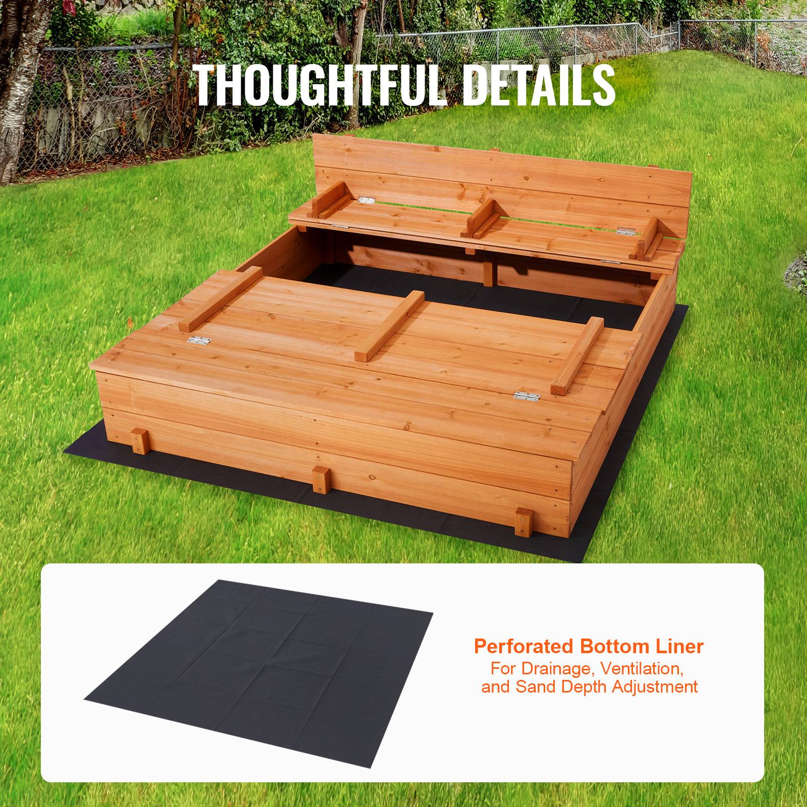Vevor - VEVOR Bac à sable bois naturel, 1330x1200x430 mm. Banquettes pliables, doublure. Pour jardin, 3-12 ans. - Image 6