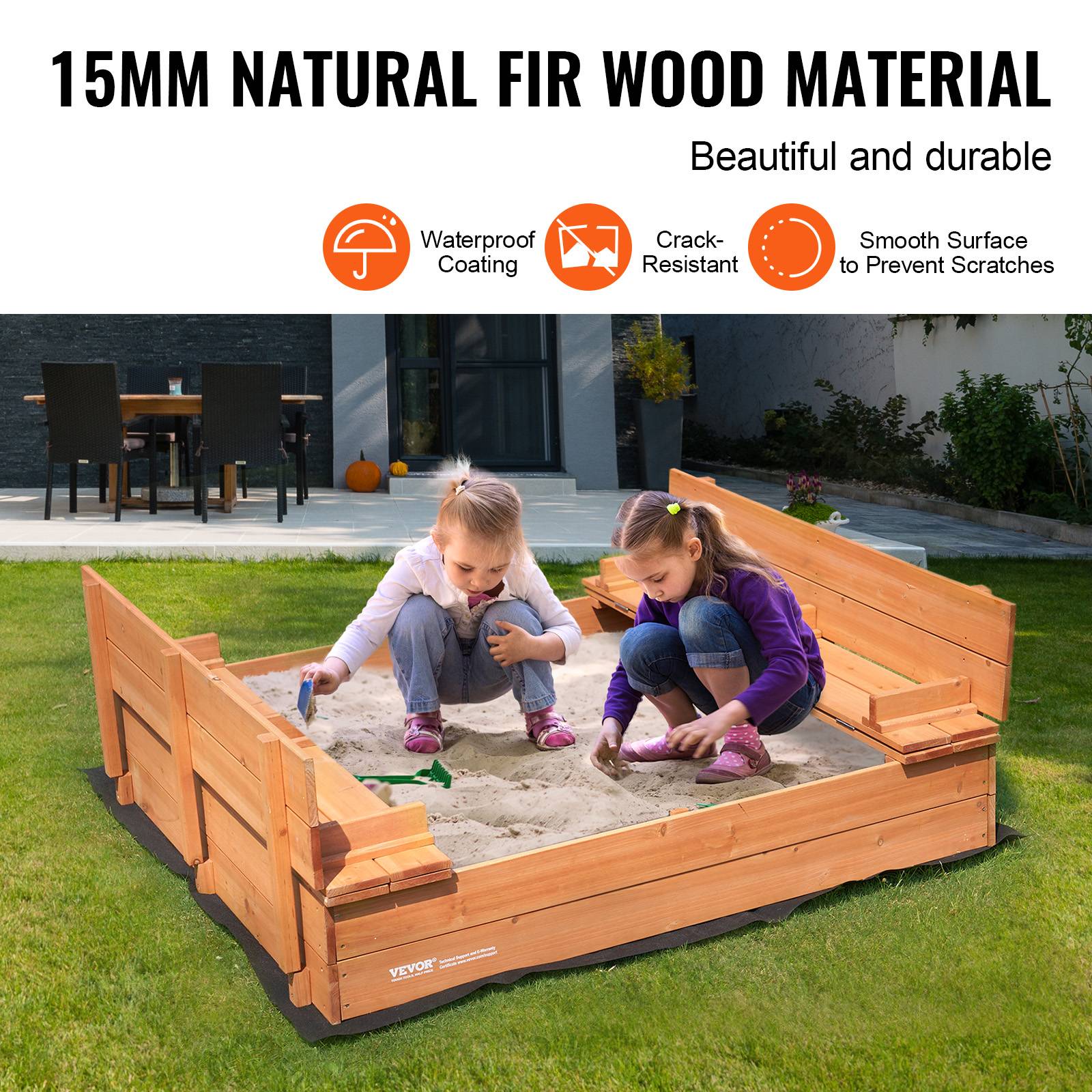 Vevor - VEVOR Bac à sable bois naturel, 1330x1200x430 mm. Banquettes pliables, doublure. Pour jardin, 3-12 ans. - Image 3