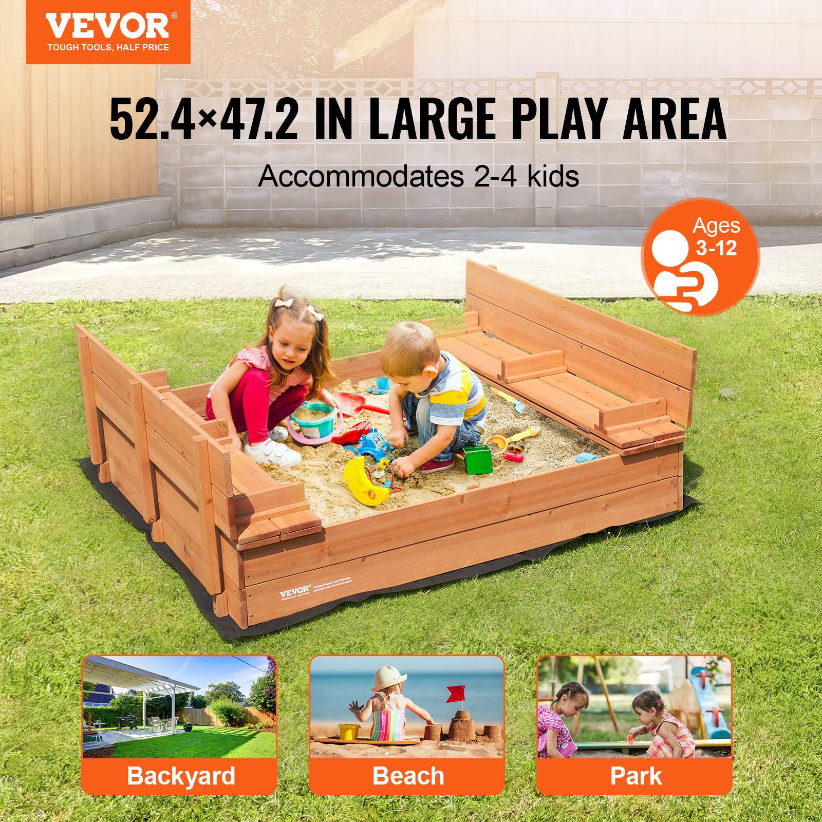 Vevor - VEVOR Bac à sable bois naturel, 1330x1200x430 mm. Banquettes pliables, doublure. Pour jardin, 3-12 ans. - Image 2