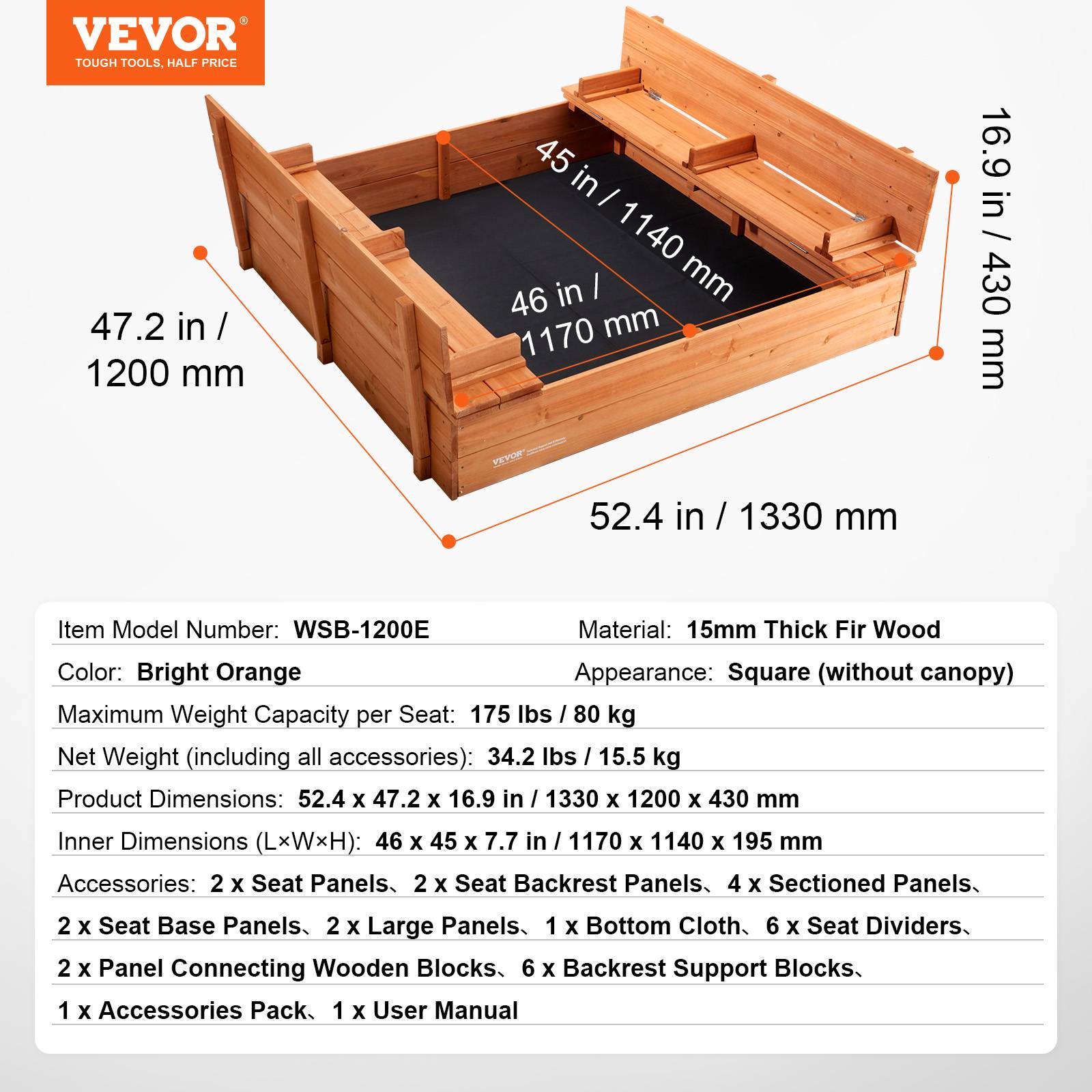 Vevor - VEVOR Bac à sable bois naturel, 1330x1200x430 mm. Banquettes pliables, doublure. Pour jardin, 3-12 ans. - Image 7