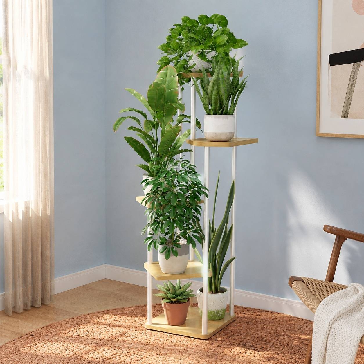 Support Plantes Multiniveaux Métal et MDF Élégant Économiseur d'Espace Facile à Monter - Image 2