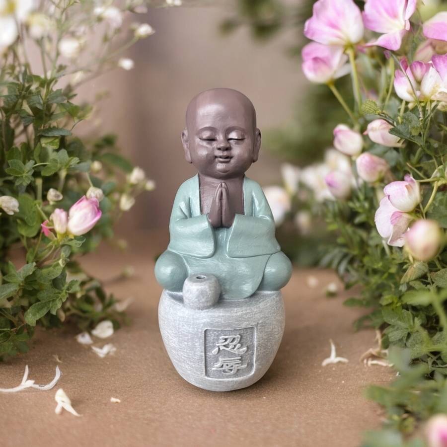 Zen Light - Statue Bouddha Porte-Encens Tolérence - Bonze Sérénité-Ambiance Zen et Relaxante-Calligraphie Feng Shui-Idée Cadeau-H14cm–Zen'Light