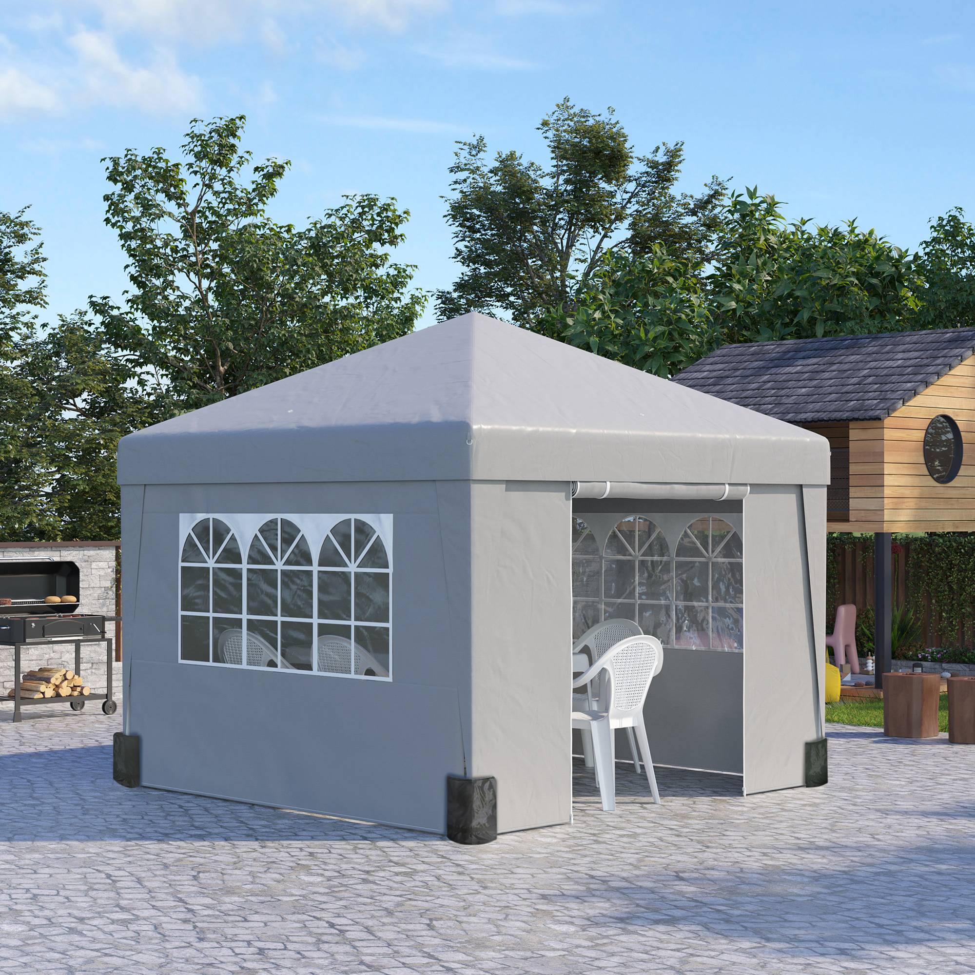 Sans Marque - Gazebo pliant 3x3 m avec hauteur réglable et fenêtres, en acier et tissu Oxford gris clair - Image 4