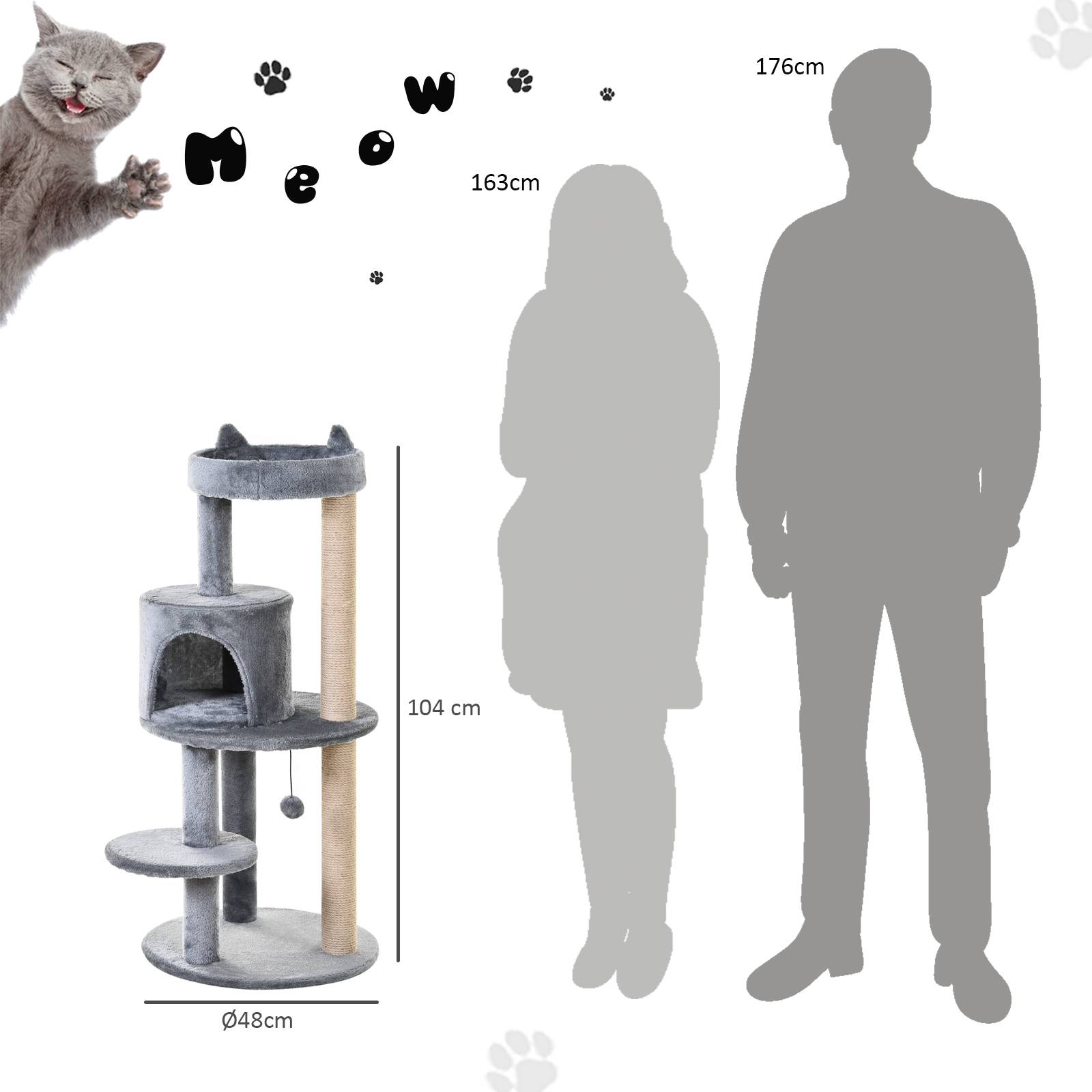 Pawhut - Arbre à chats multi-équipements griffoirs grattoirs plateformes niche jeu boule suspendue Ø 48 x 104H cm gris - Image 3