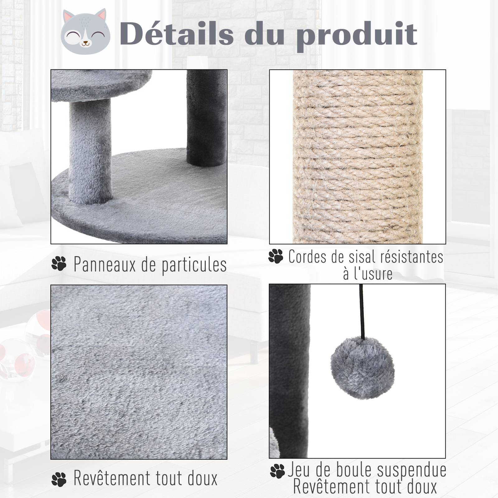 Pawhut - Arbre à chats multi-équipements griffoirs grattoirs plateformes niche jeu boule suspendue Ø 48 x 104H cm gris - Image 7
