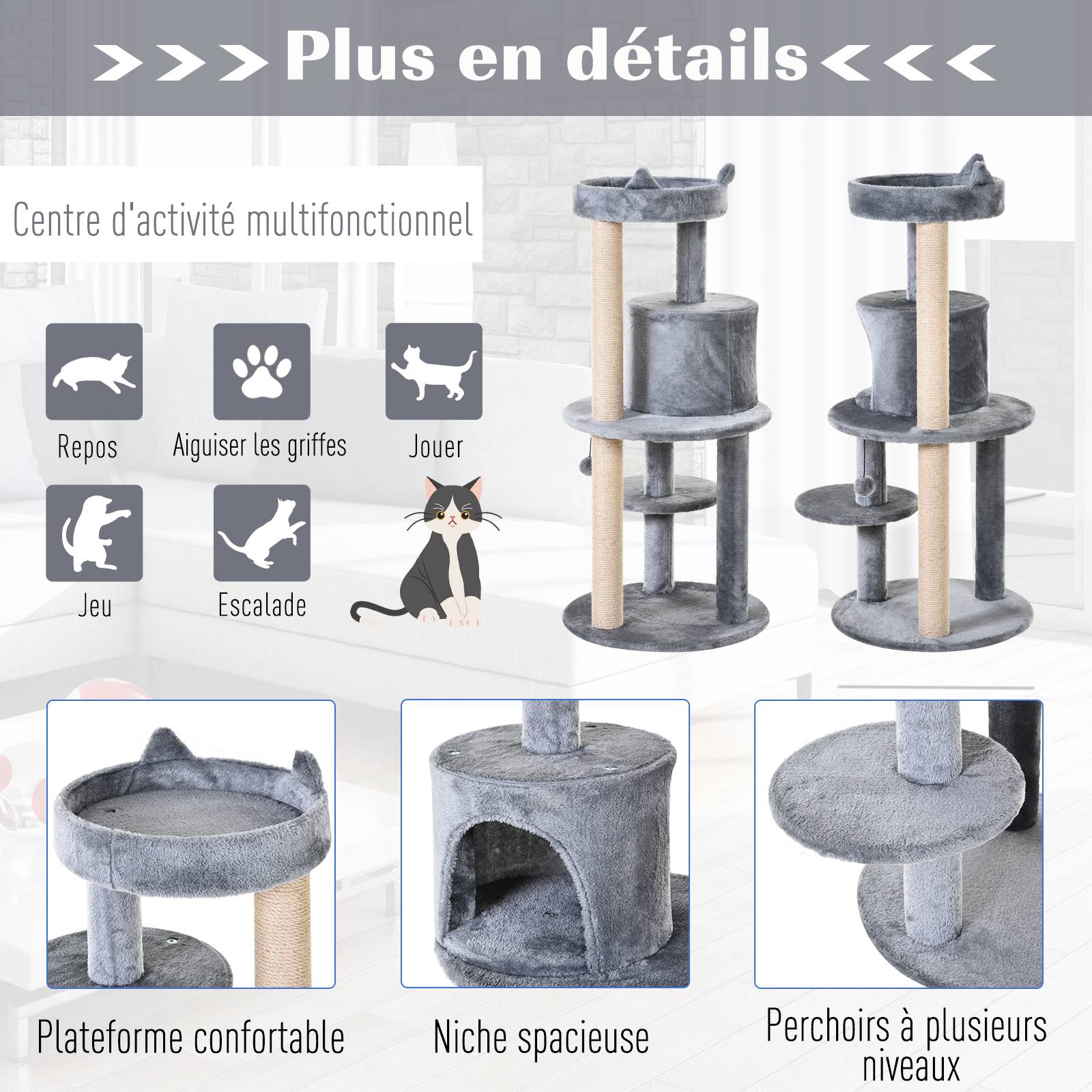 Pawhut - Arbre à chats multi-équipements griffoirs grattoirs plateformes niche jeu boule suspendue Ø 48 x 104H cm gris - Image 5