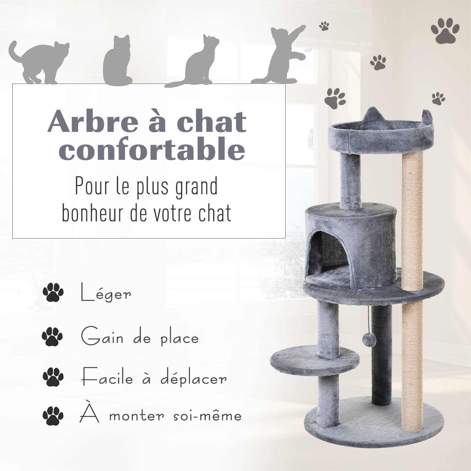 Pawhut - Arbre à chats multi-équipements griffoirs grattoirs plateformes niche jeu boule suspendue Ø 48 x 104H cm gris - Image 6
