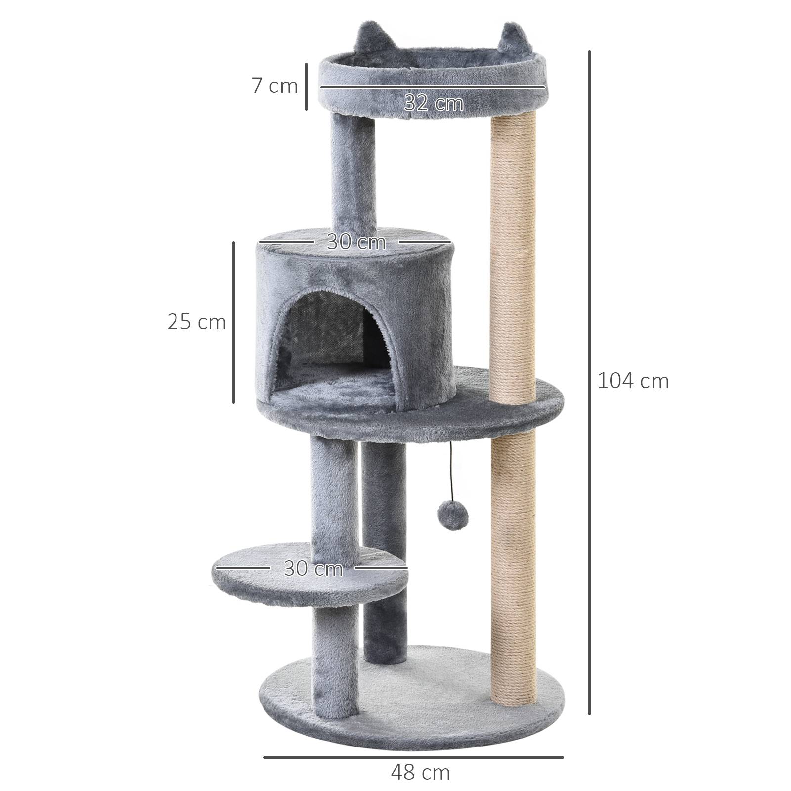 Pawhut - Arbre à chats multi-équipements griffoirs grattoirs plateformes niche jeu boule suspendue Ø 48 x 104H cm gris - Image 4