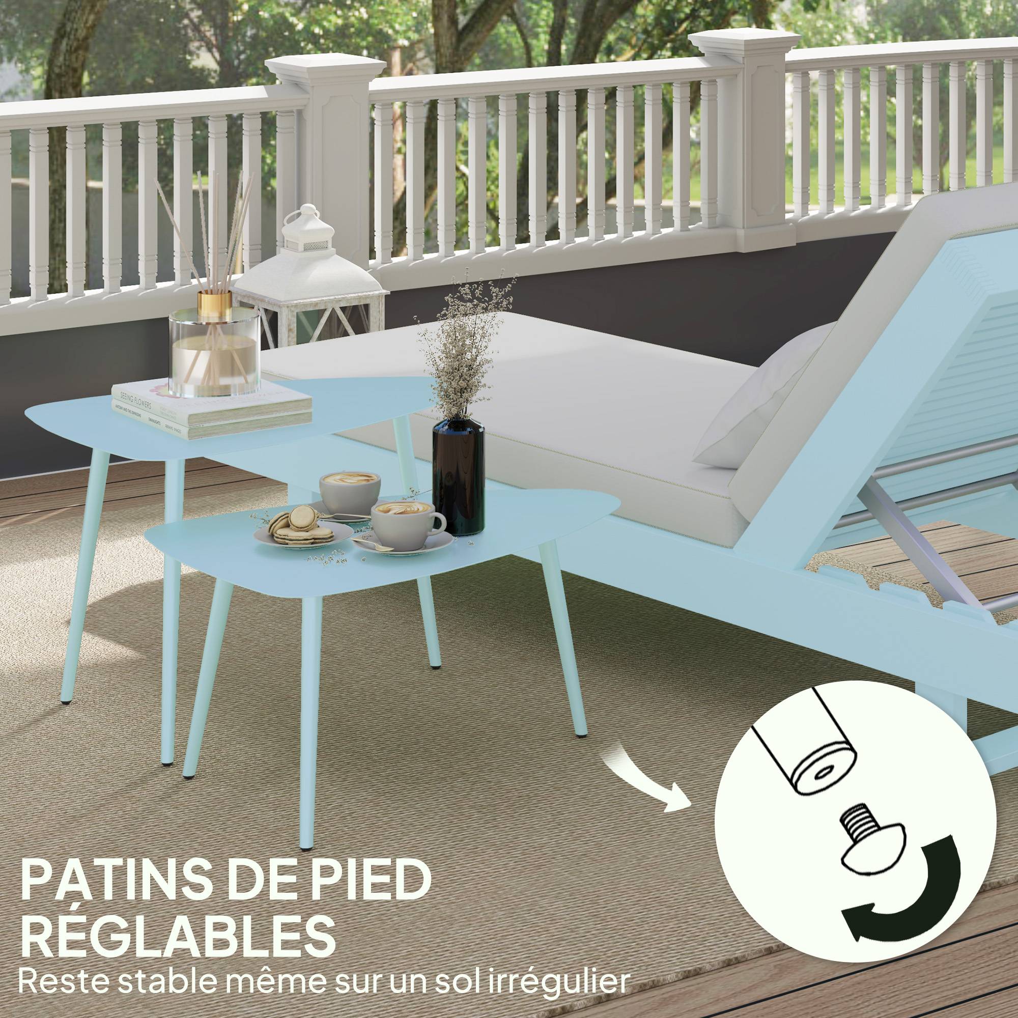 Sans Marque - Lot de 2 tables basses de jardin, tables d'appoint gigognes triangulaires, cadre en acier patins ajustables bleu clair - Image 8