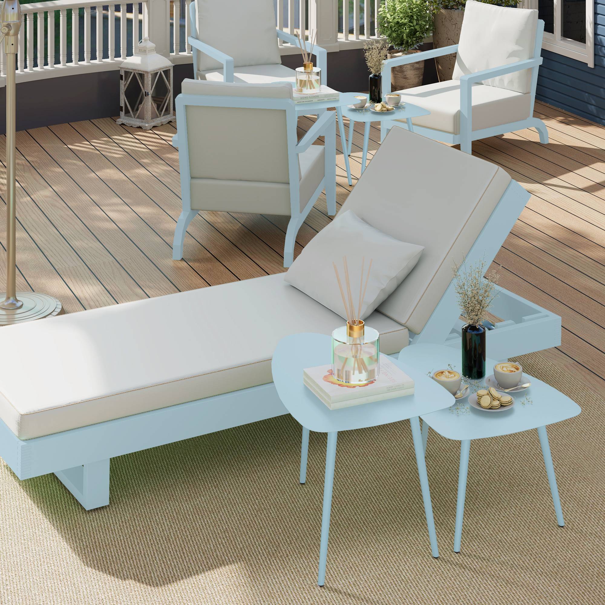 Sans Marque - Lot de 2 tables basses de jardin, tables d'appoint gigognes triangulaires, cadre en acier patins ajustables bleu clair - Image 4