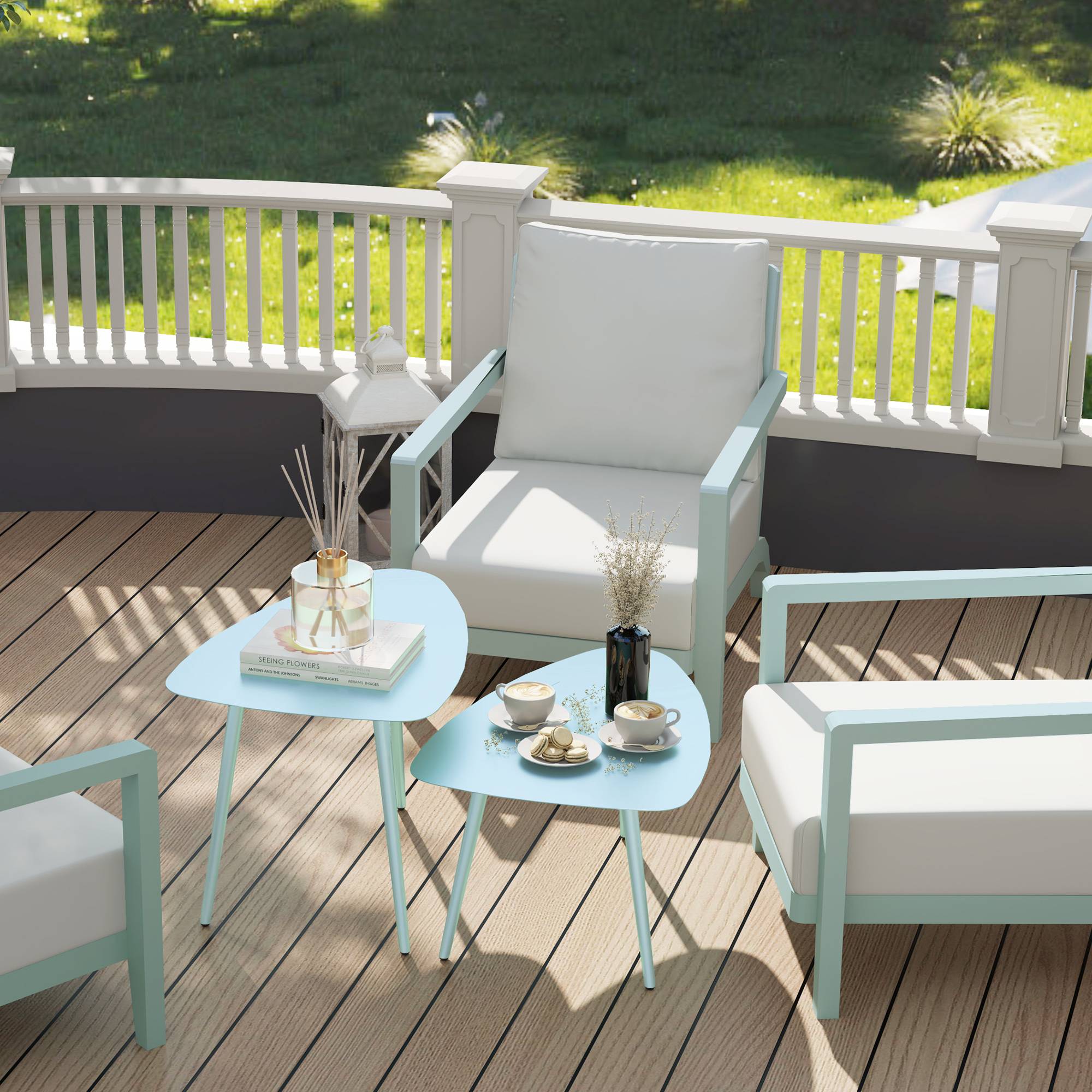 Sans Marque - Lot de 2 tables basses de jardin, tables d'appoint gigognes triangulaires, cadre en acier patins ajustables bleu clair - Image 10