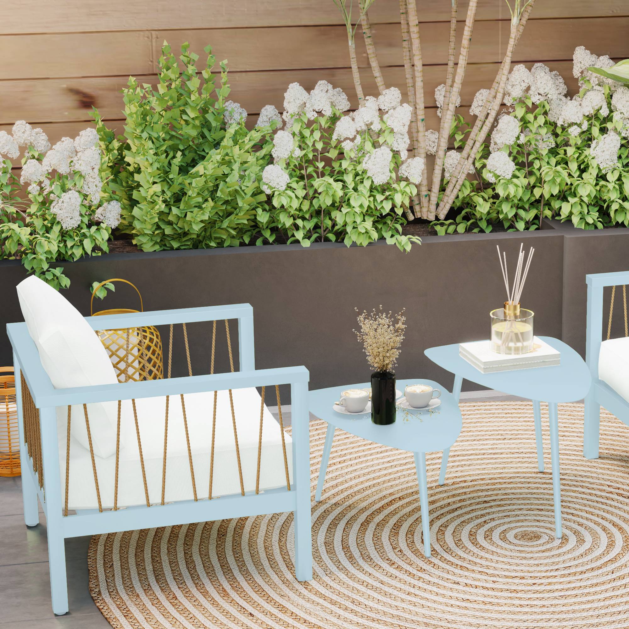 Sans Marque - Lot de 2 tables basses de jardin, tables d'appoint gigognes triangulaires, cadre en acier patins ajustables bleu clair - Image 3
