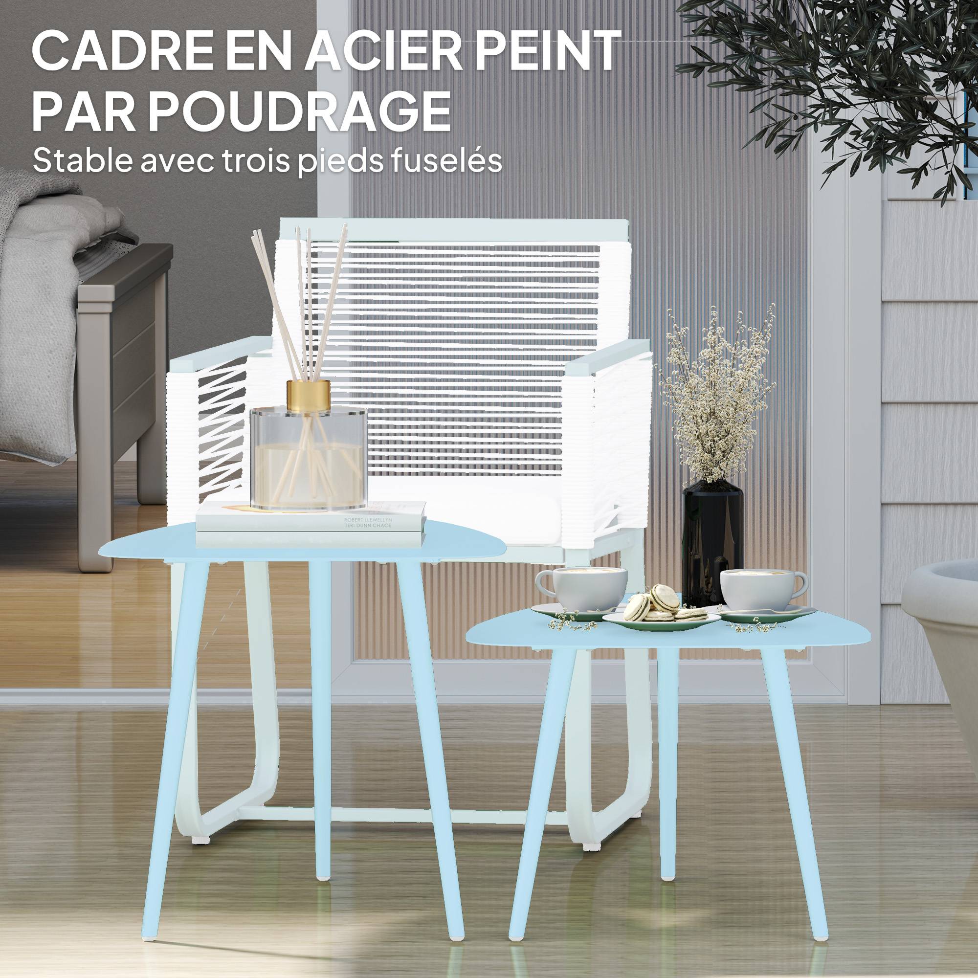Sans Marque - Lot de 2 tables basses de jardin, tables d'appoint gigognes triangulaires, cadre en acier patins ajustables bleu clair - Image 7