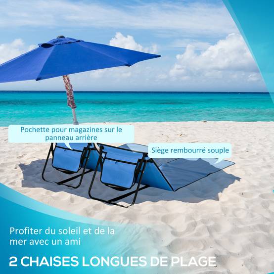 Lot 2 tapis de plage acier extérieur dossier inclinable sangle transport bleu - ComfortXL Outdoor Living - Image 6
