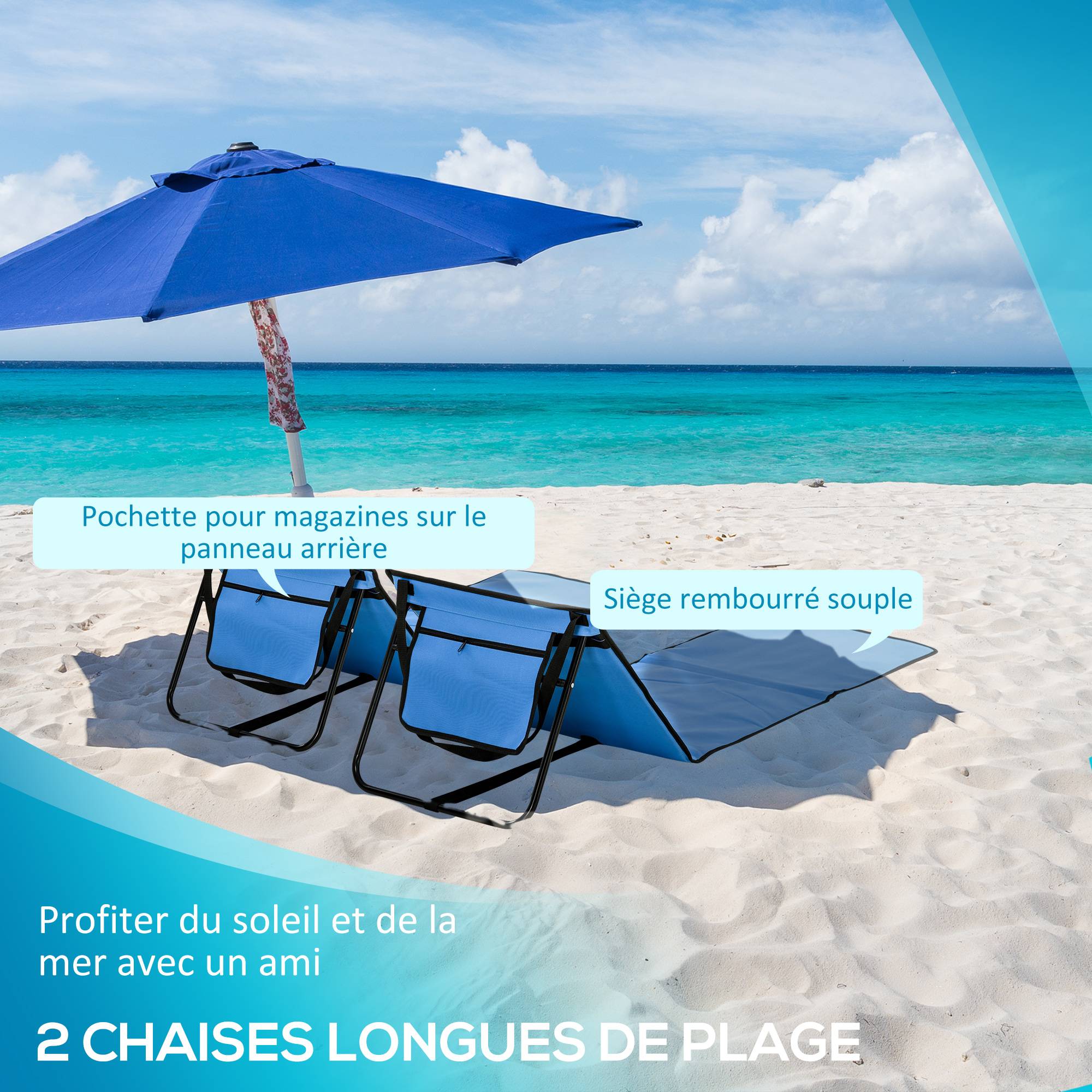 Lot 2 tapis de plage acier extérieur dossier inclinable sangle transport bleu - ComfortXL Outdoor Living - Image 6