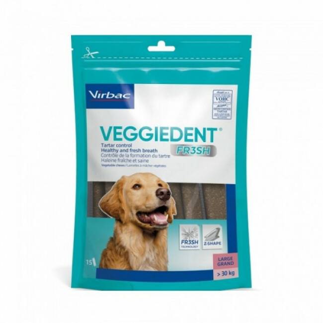 VeggieDent Fresh Virbac : Lamelles dentaires anti-plaque Chiens >30 kg - L - 1 Sachet de 15 lamelles - Image 1