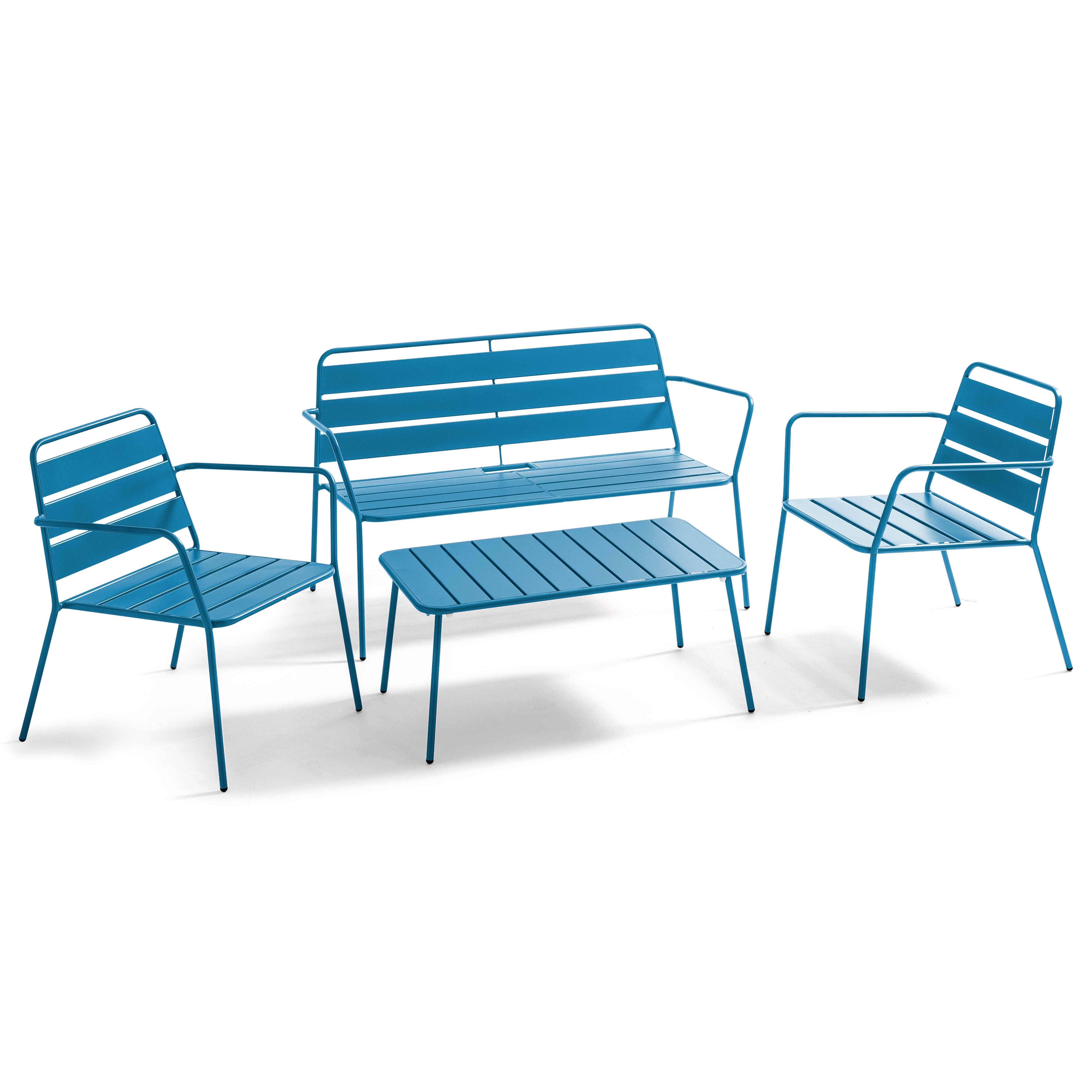 Oviala - Salon de jardin 4 places et 1 table basse en acier bleu pacific Palavas - Oviala - Image 1