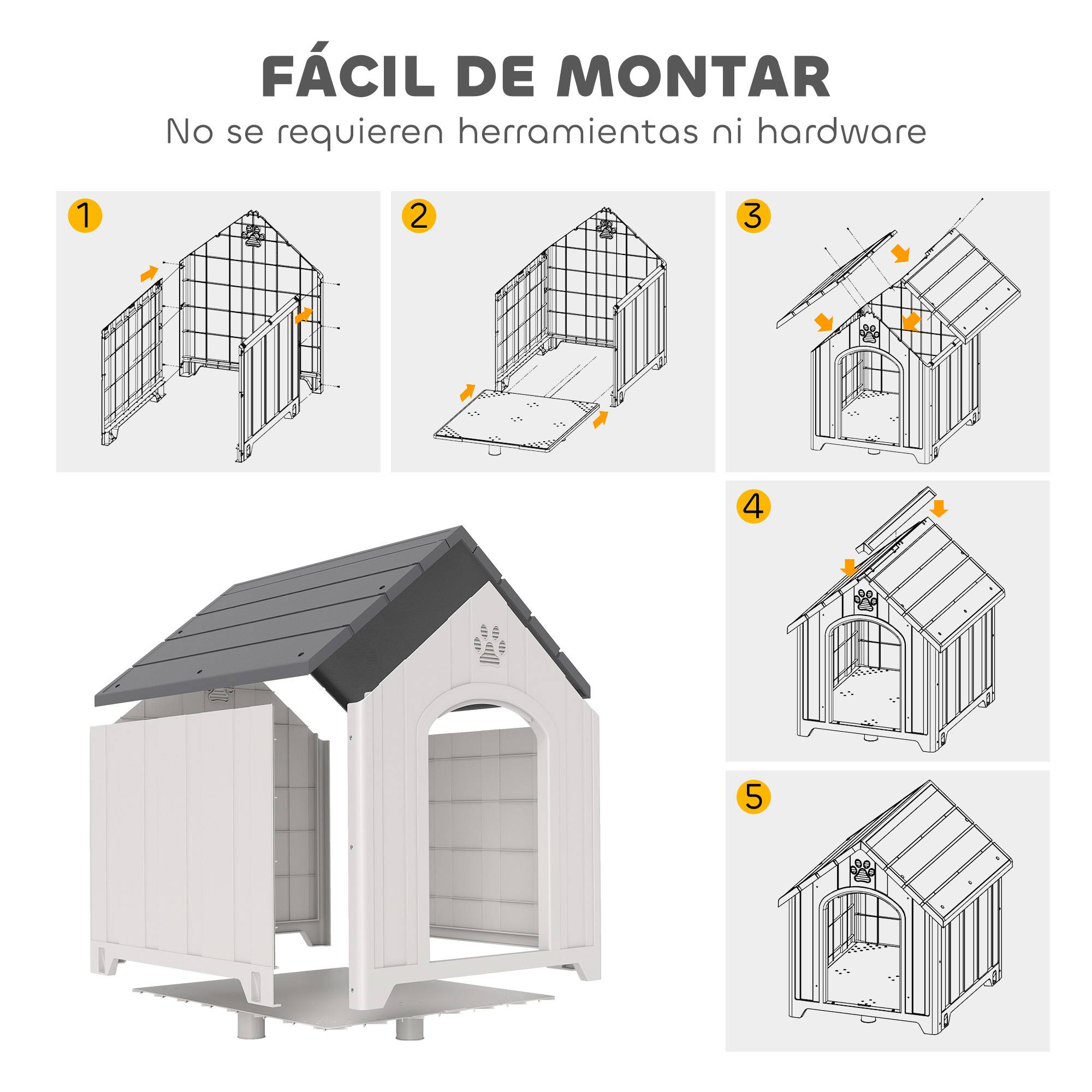 Niche extérieure en plastique, grand chien, 2 fenêtres, base surélevée, piquets, gris - Image 9