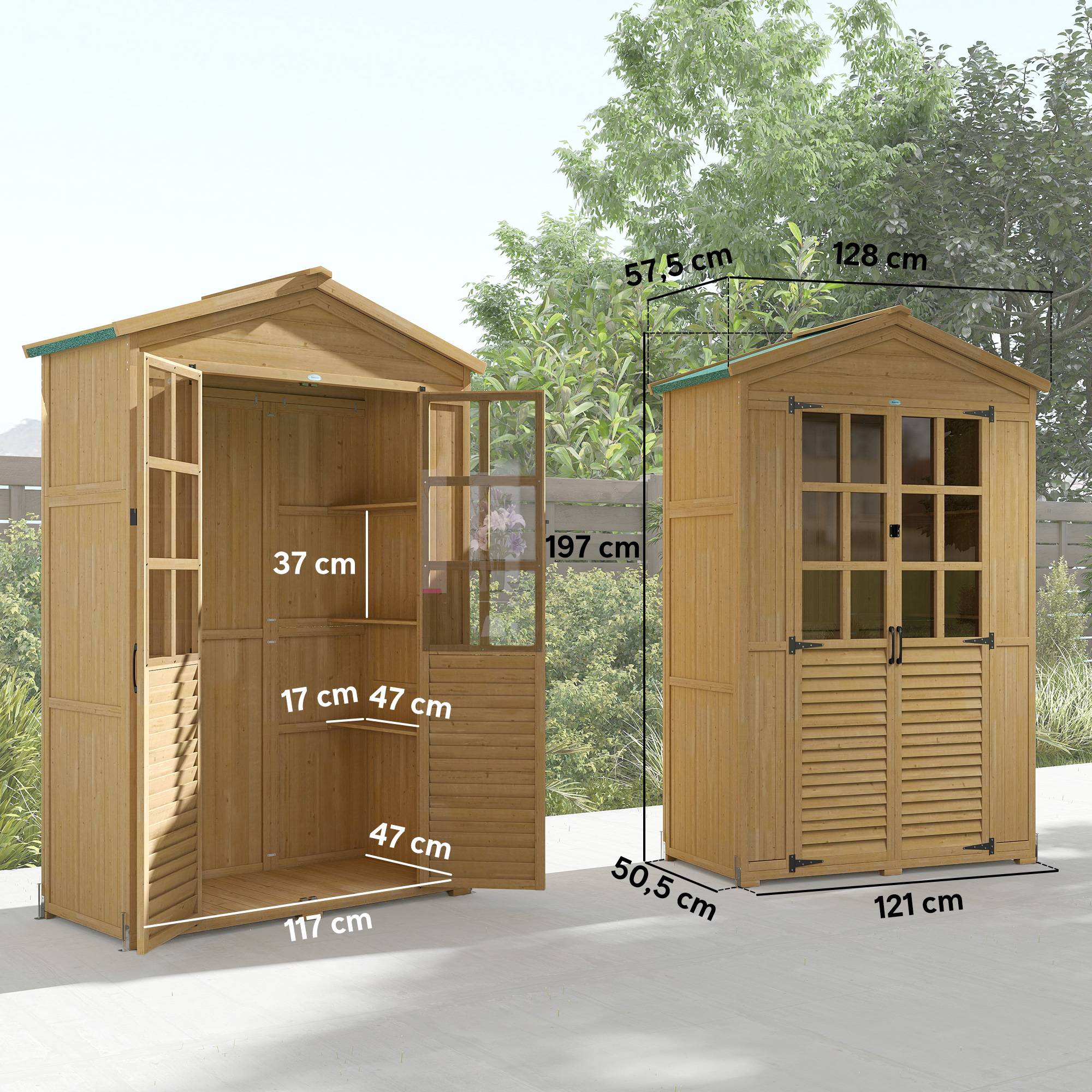 Abri de jardin Armoire de jardin pour outils avec Étagères et Fenêtres en Acrylique, 128 x 57,5 x 197 cm marron clair - Image 5