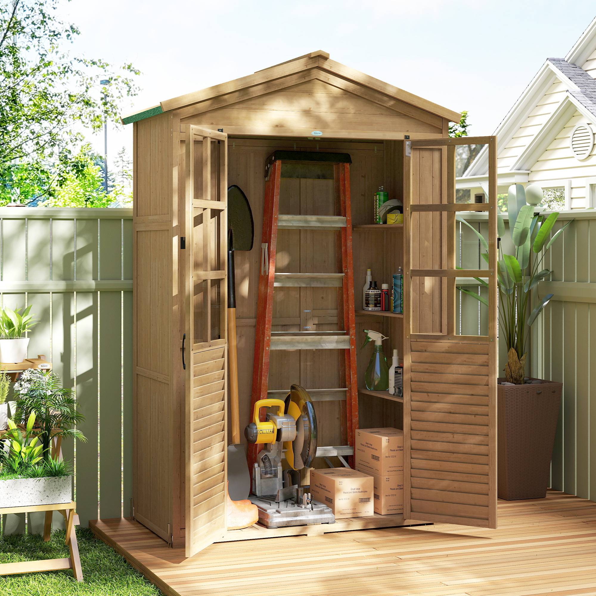 Abri de jardin Armoire de jardin pour outils avec Étagères et Fenêtres en Acrylique, 128 x 57,5 x 197 cm marron clair - Image 4