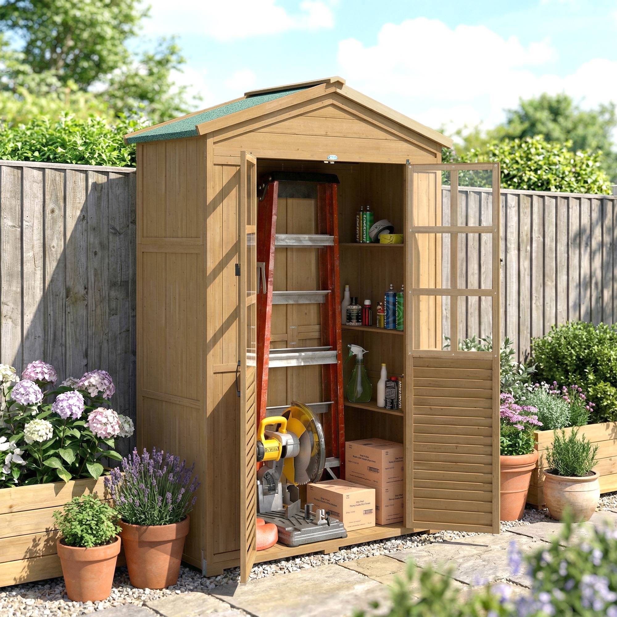 Abri de jardin Armoire de jardin pour outils avec Étagères et Fenêtres en Acrylique, 128 x 57,5 x 197 cm marron clair - Image 3