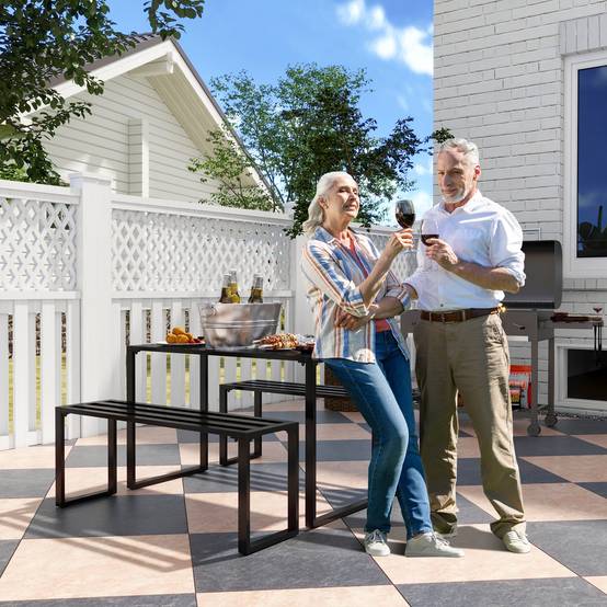 Ensemble de mobilier de jardin pour 4 personnes, 1 table et 2 bancs, métal, noir - Image 3