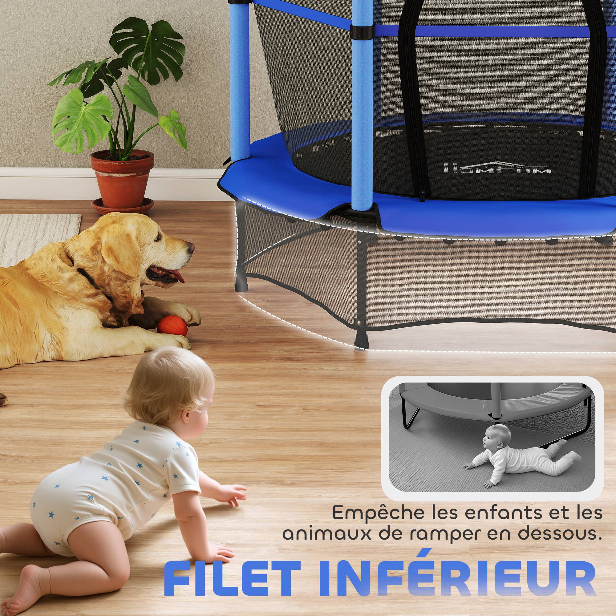 Trampoline Enfant Ø 1,40 × 1,90H m Filet de sécurité Porte zipée Couvre-Ressorts 6 poteaux rembourrés Inclus Bleu - Image 10