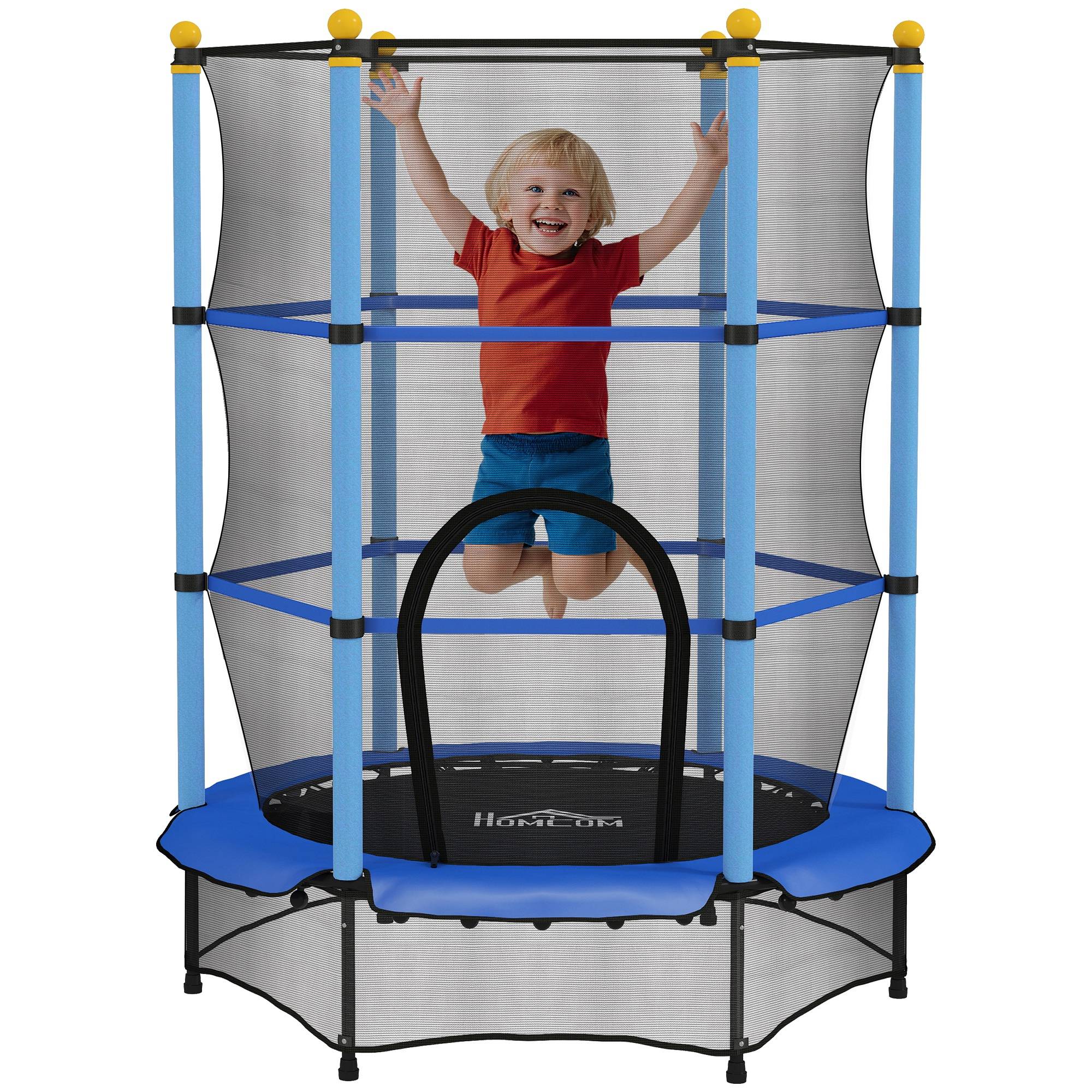 Trampoline Enfant Ø 1,40 × 1,90H m Filet de sécurité Porte zipée Couvre-Ressorts 6 poteaux rembourrés Inclus Bleu - Image 1