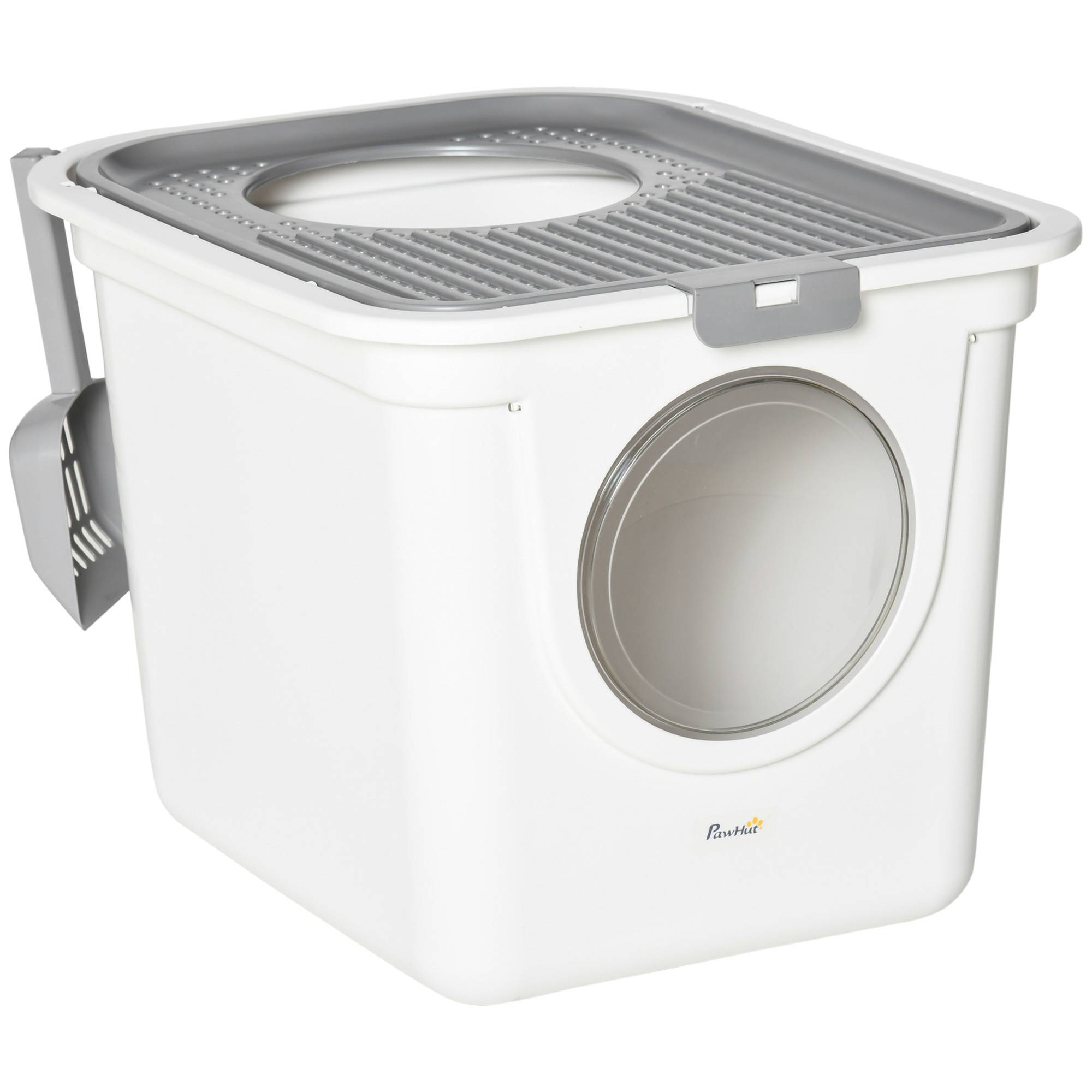 Bac à litière chat couvert blanc gris avec pelle et double entrée - Image 1