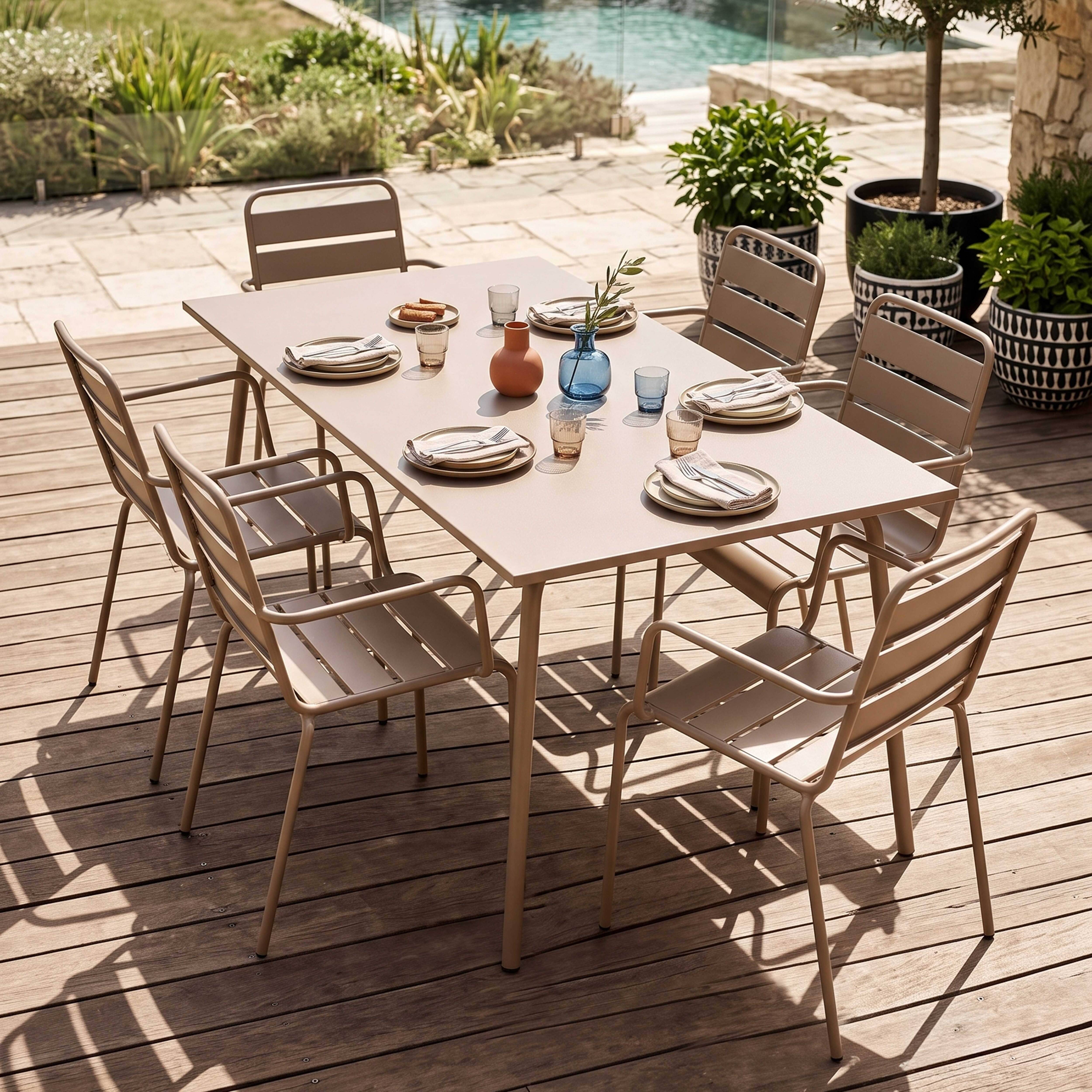 Oviala - Ensemble table de jardin et 6 fauteuils en métal taupe Palavas - Oviala - Image 2