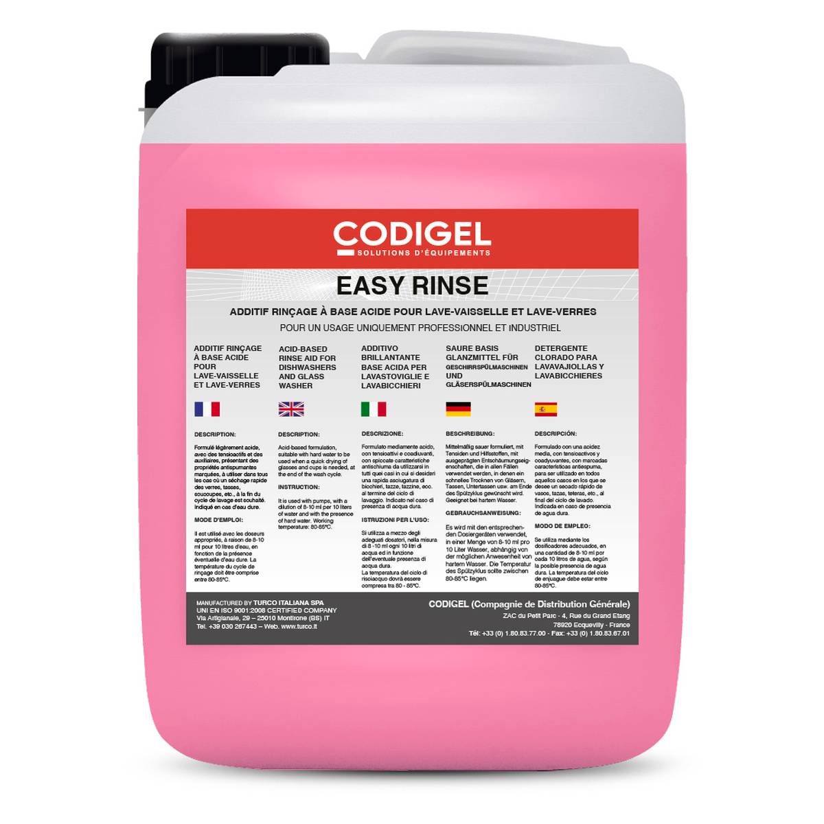 Agent Liquide de Rinçage pour Lave-Vaiselle et Lave-Verres - Bidon de 10 kg - Codigel