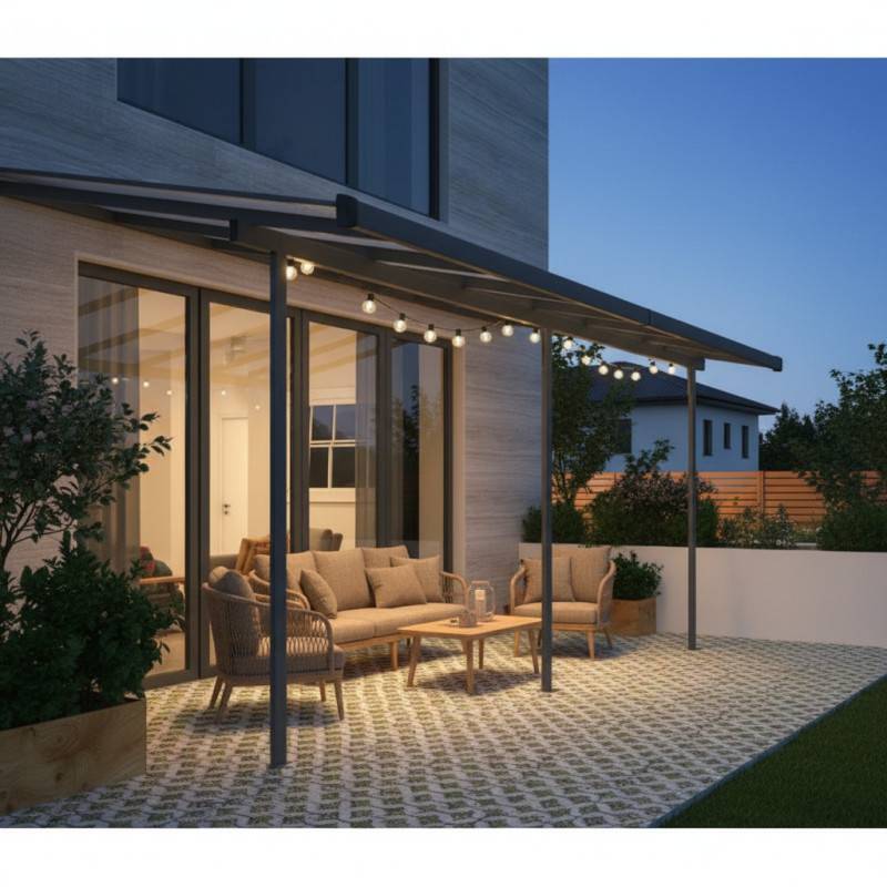 X-Metal - Pergola adossée ajustable 17m² aluminium polycarbonate 6mm anthracite X-Metal avec kit d'ancrage - Image 1