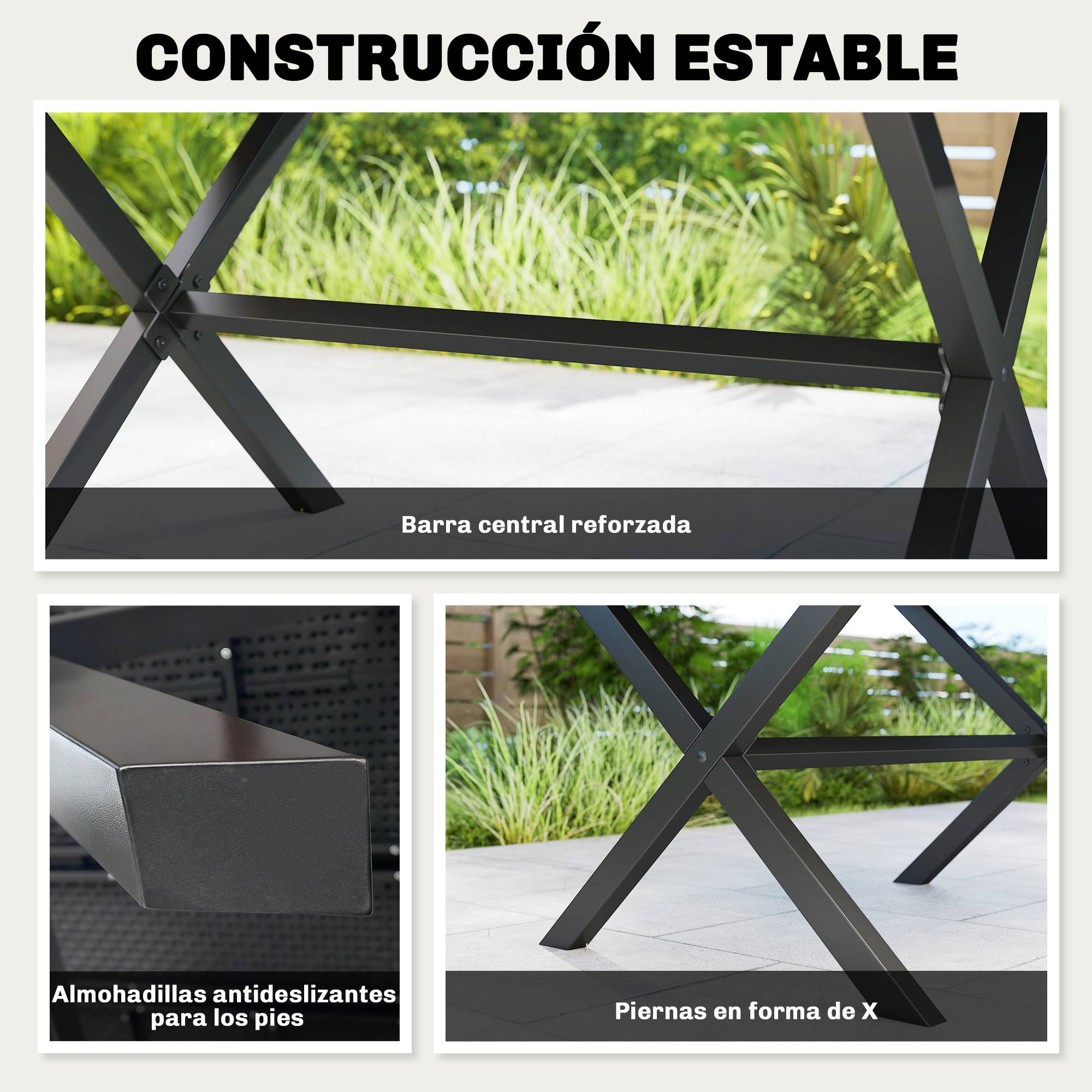 Table de jardin pour 6 personnes avec plateau à lattes en PEHD et structure en métal, 150 x 90 x 74 cm, noire - Image 8