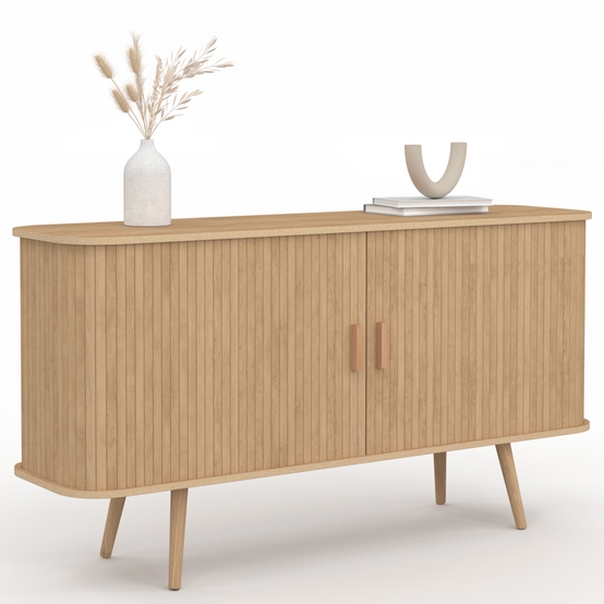 Buffet 140 cm ROMIE 2 portes coulissantes latte tasseau bois coloris chêne - Image 2