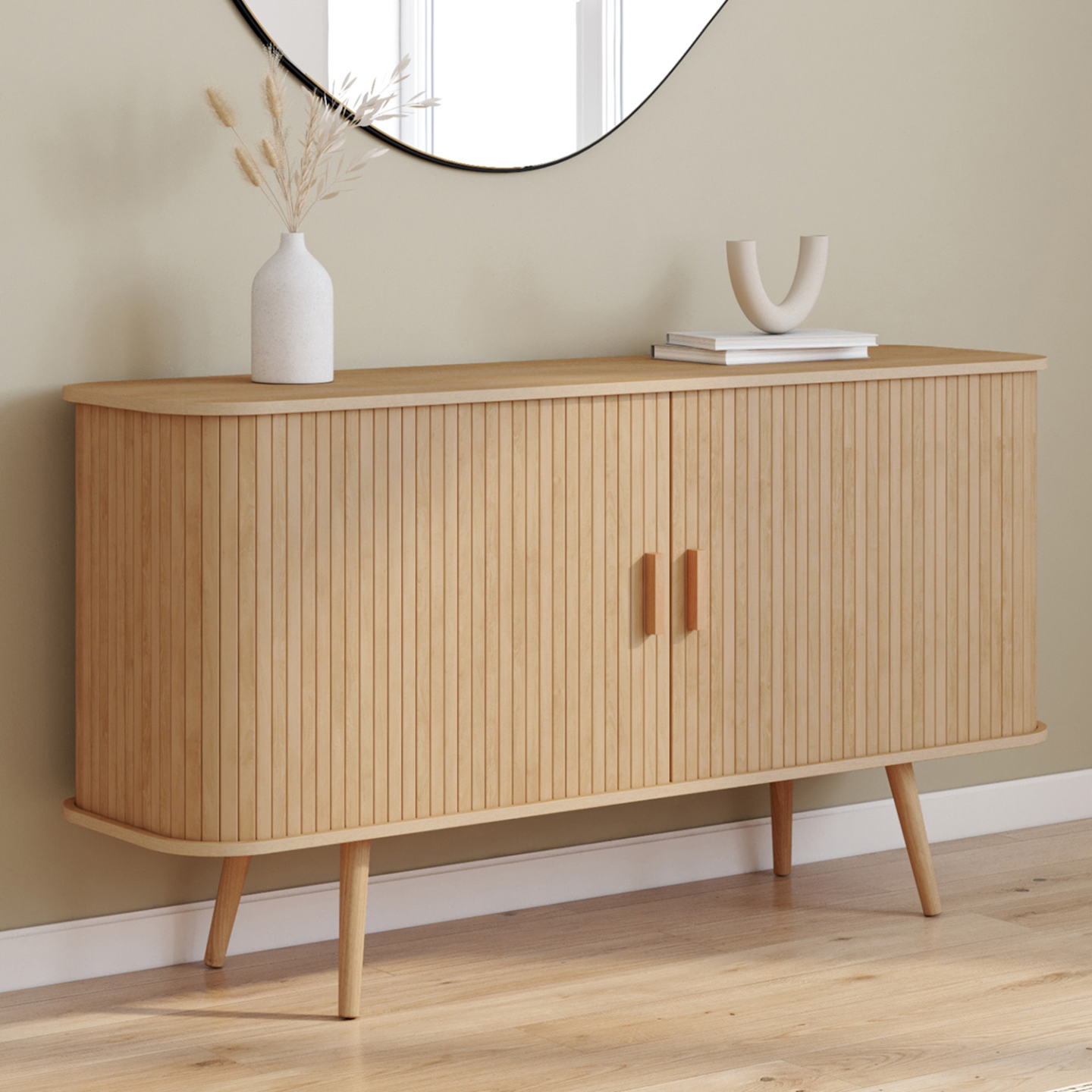 Buffet 140 cm ROMIE 2 portes coulissantes latte tasseau bois coloris chêne - Image 1